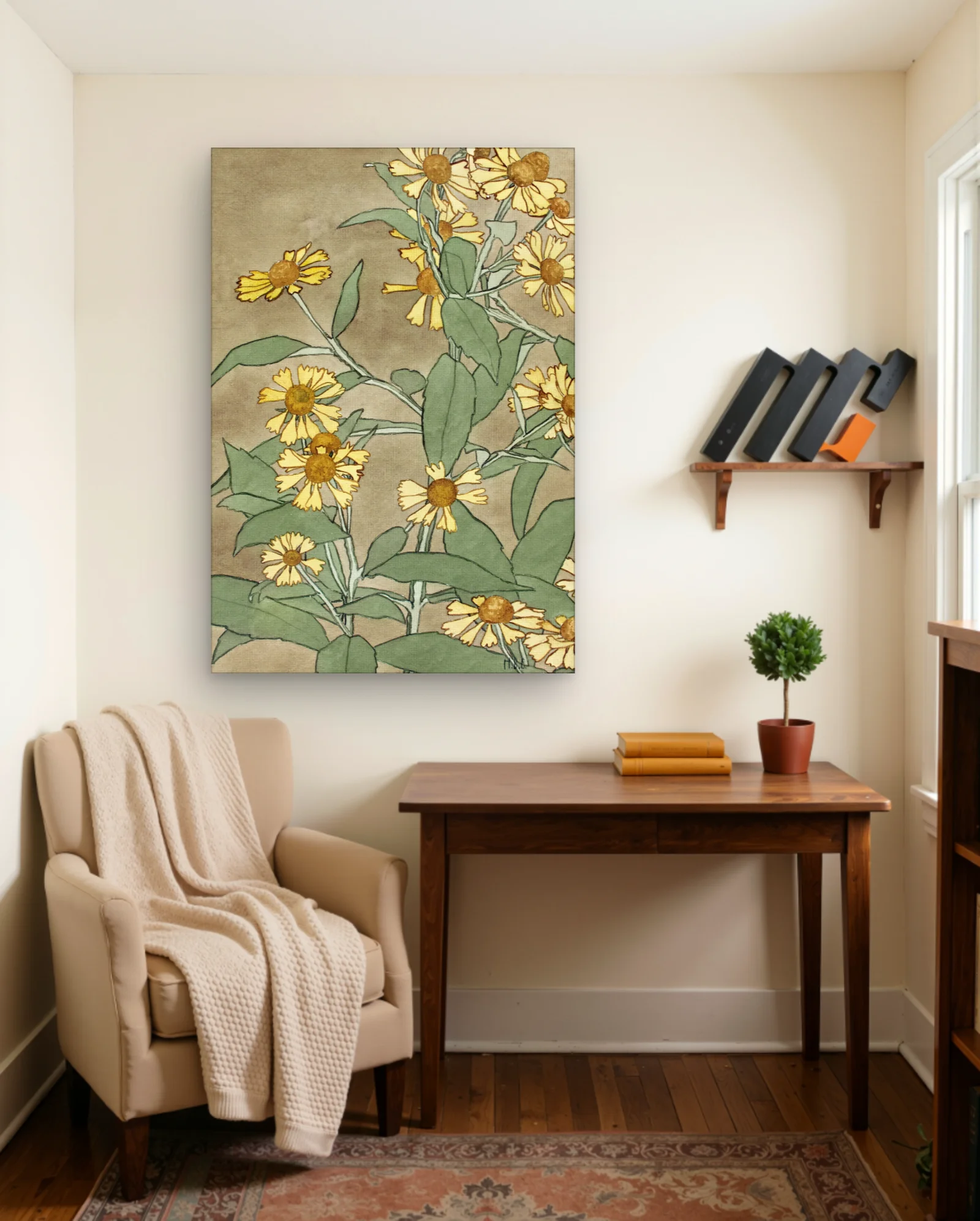 Yellow Daisies With Orange Centers Art Print — framed wall art poster by Memocult