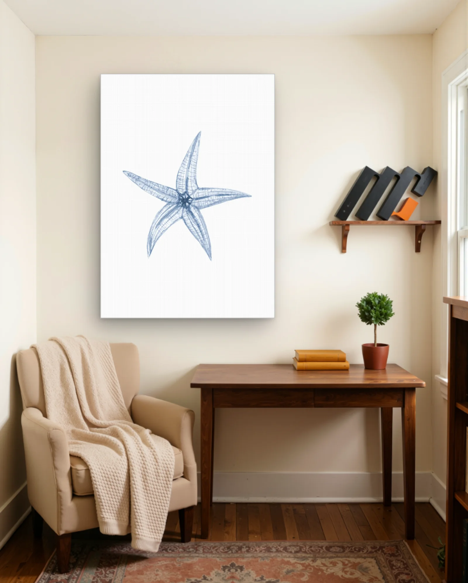 Indigo Watercolor Starfish — Lower‑Right Partial Composition — framed wall art poster by Memocult