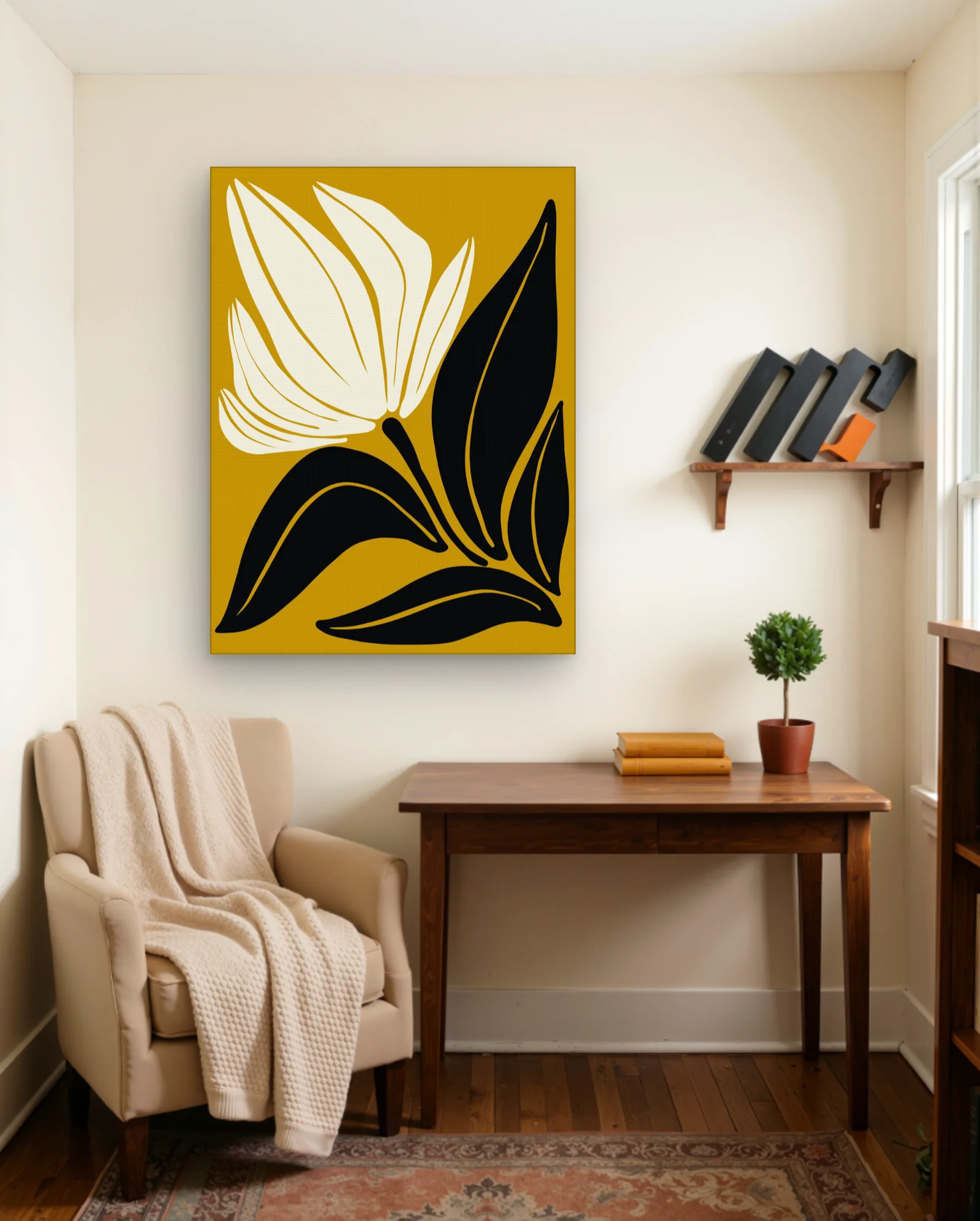 Mustard Yellow Floral With Black Leaves Wall Art — Abstract abstract & modern wall art poster