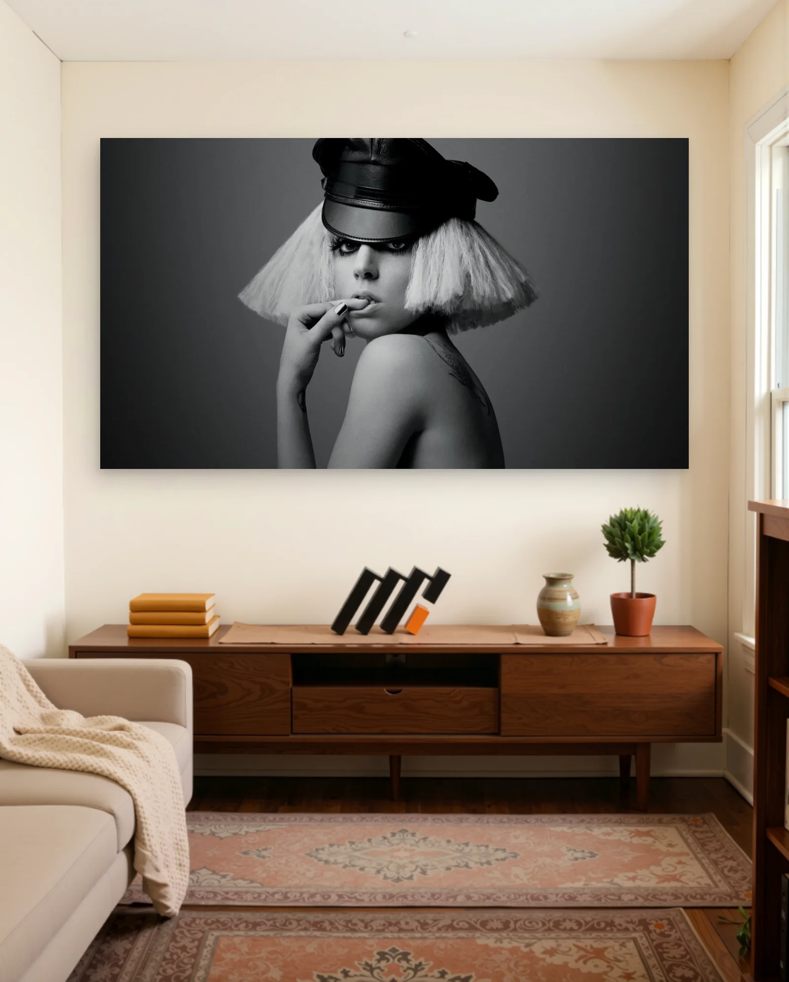 Lady Gaga Black And White Hat Poster — framed wall art poster by Memocult