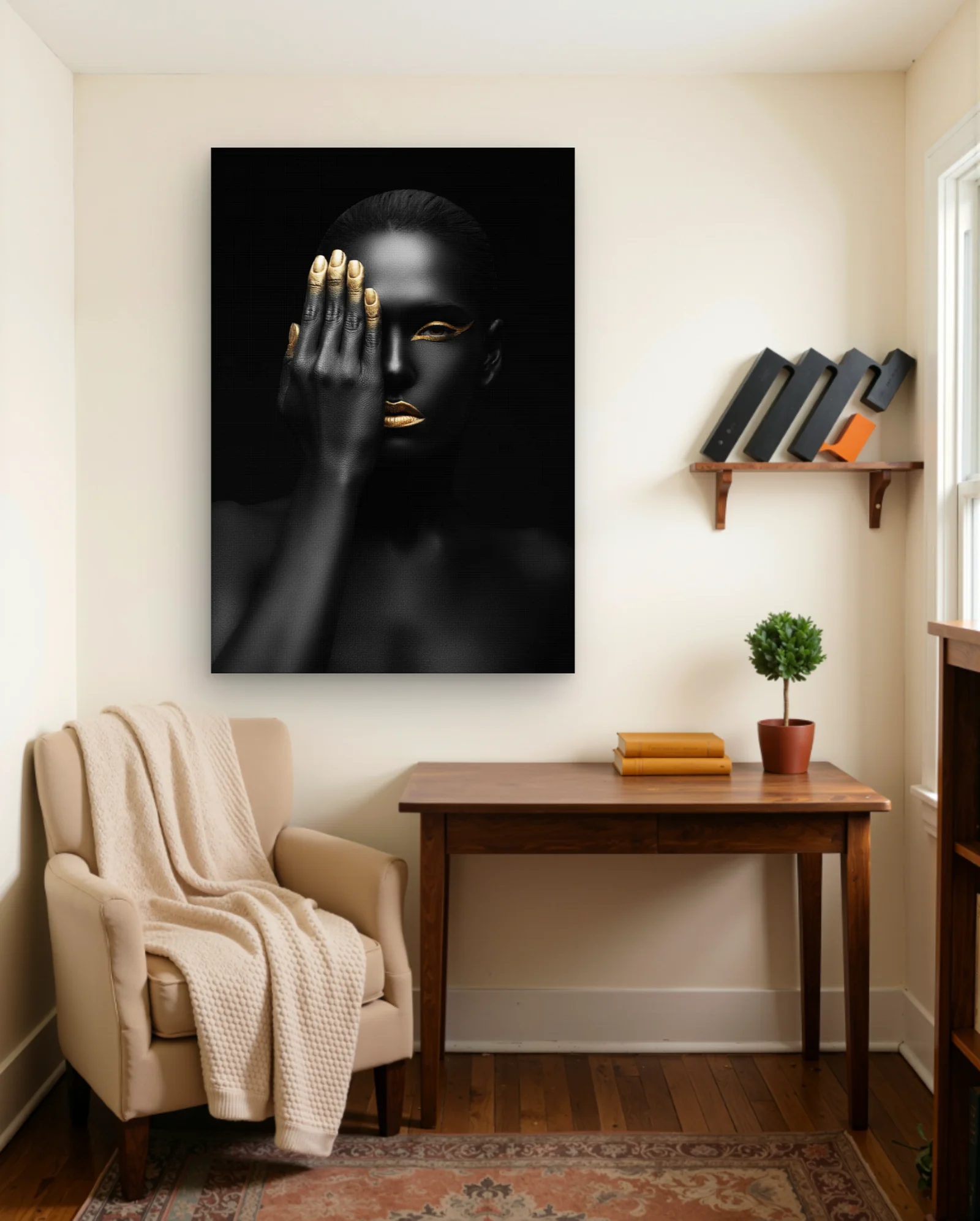 Black Body Paint Gold Eyes Lips Hand Wall Art — framed wall art poster by Memocult