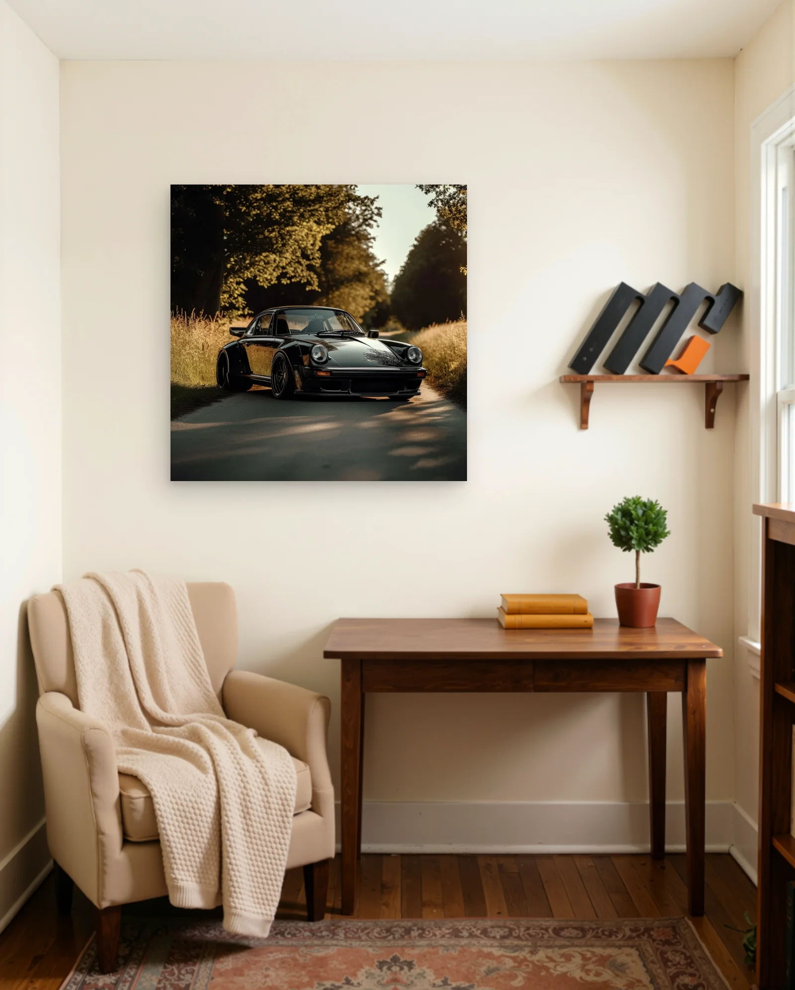 Black Porsche 911 Widebody Golden Hour Poster — framed wall art poster by Memocult