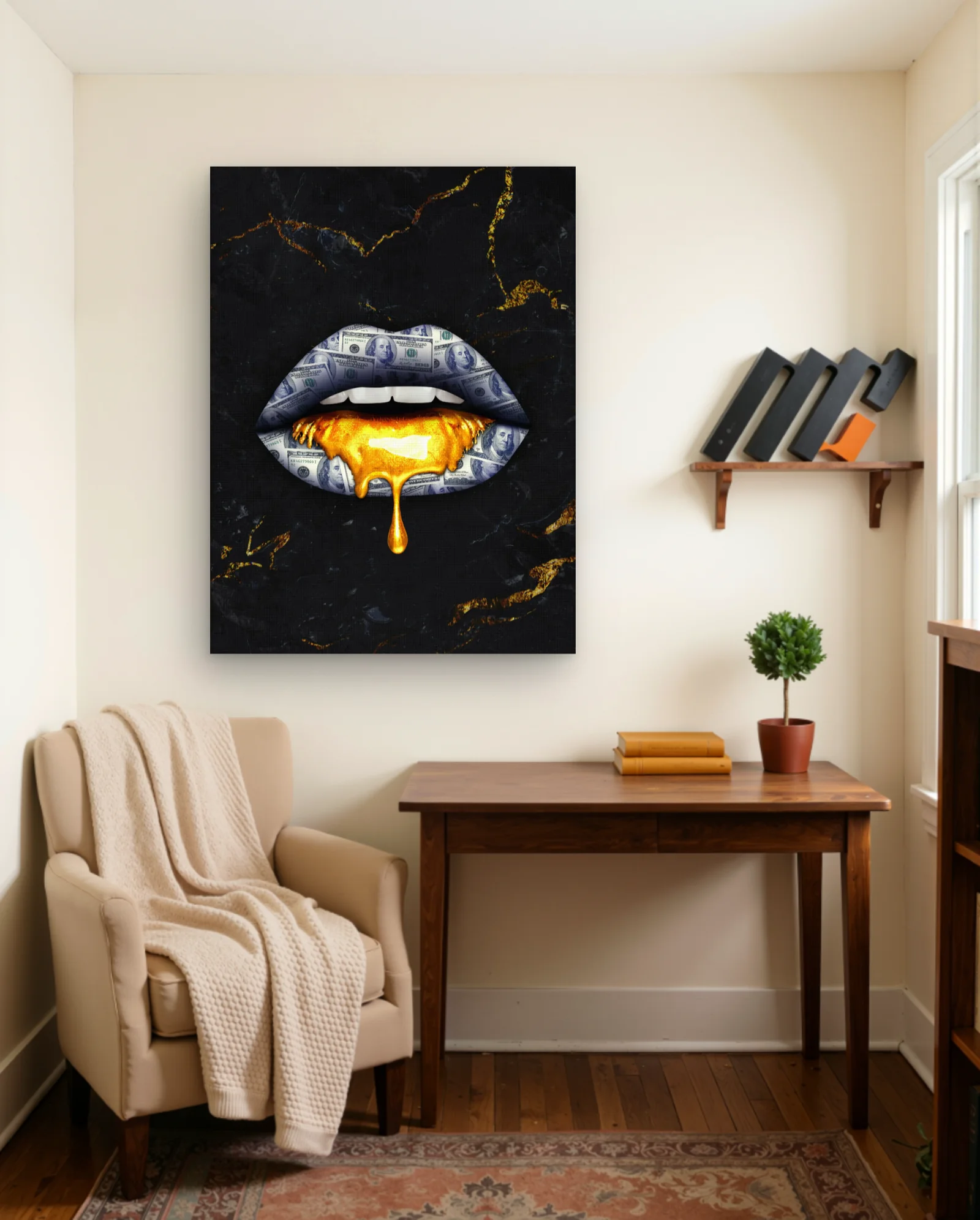 Gold Drip Dollar Lips Wall Art — framed wall art poster by Memocult