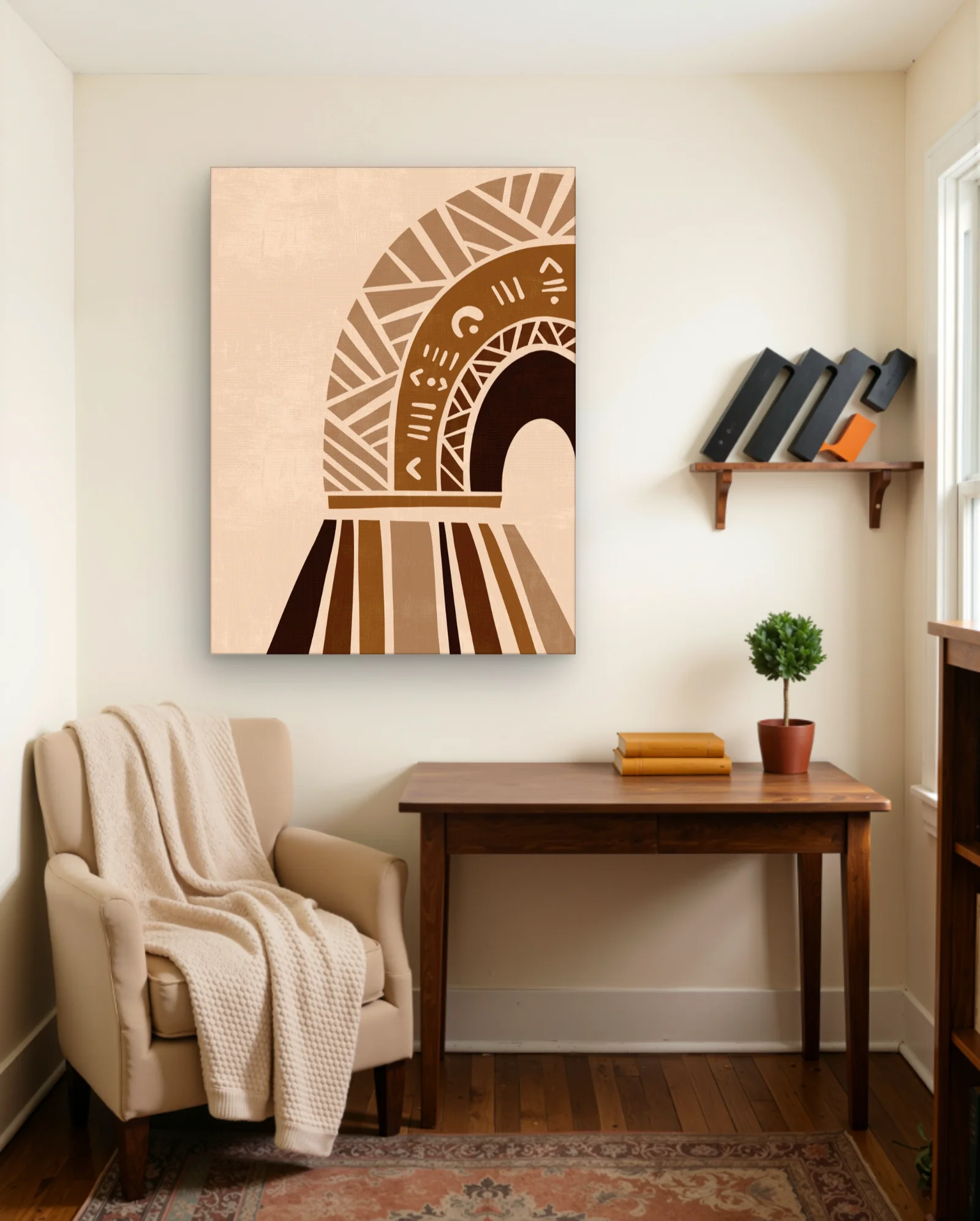 Boho Geometric Arch With Stripes Wall Art — framed wall art poster by Memocult