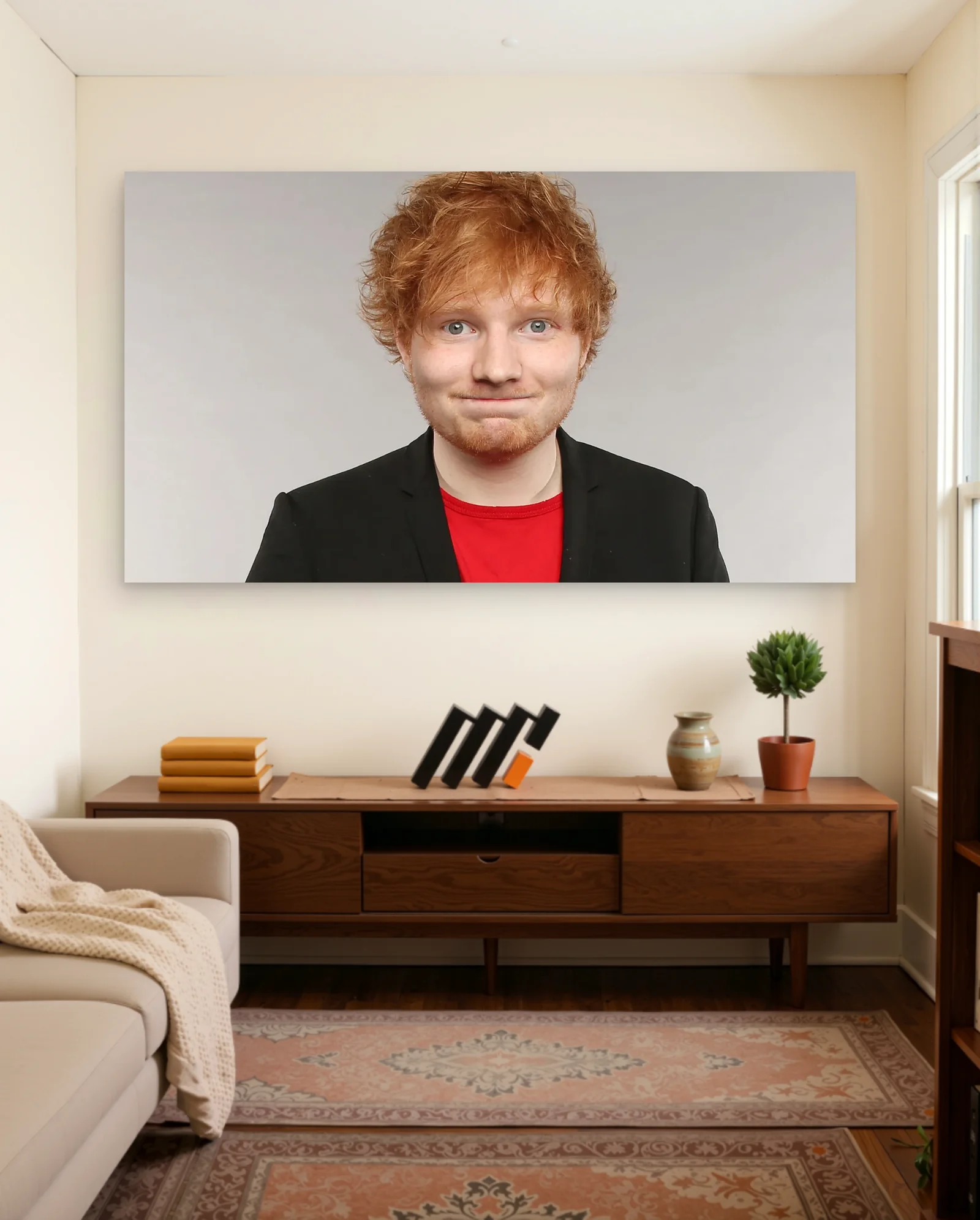 Ed Sheeran Red T Shirt Black Blazer Poster — framed wall art poster by Memocult