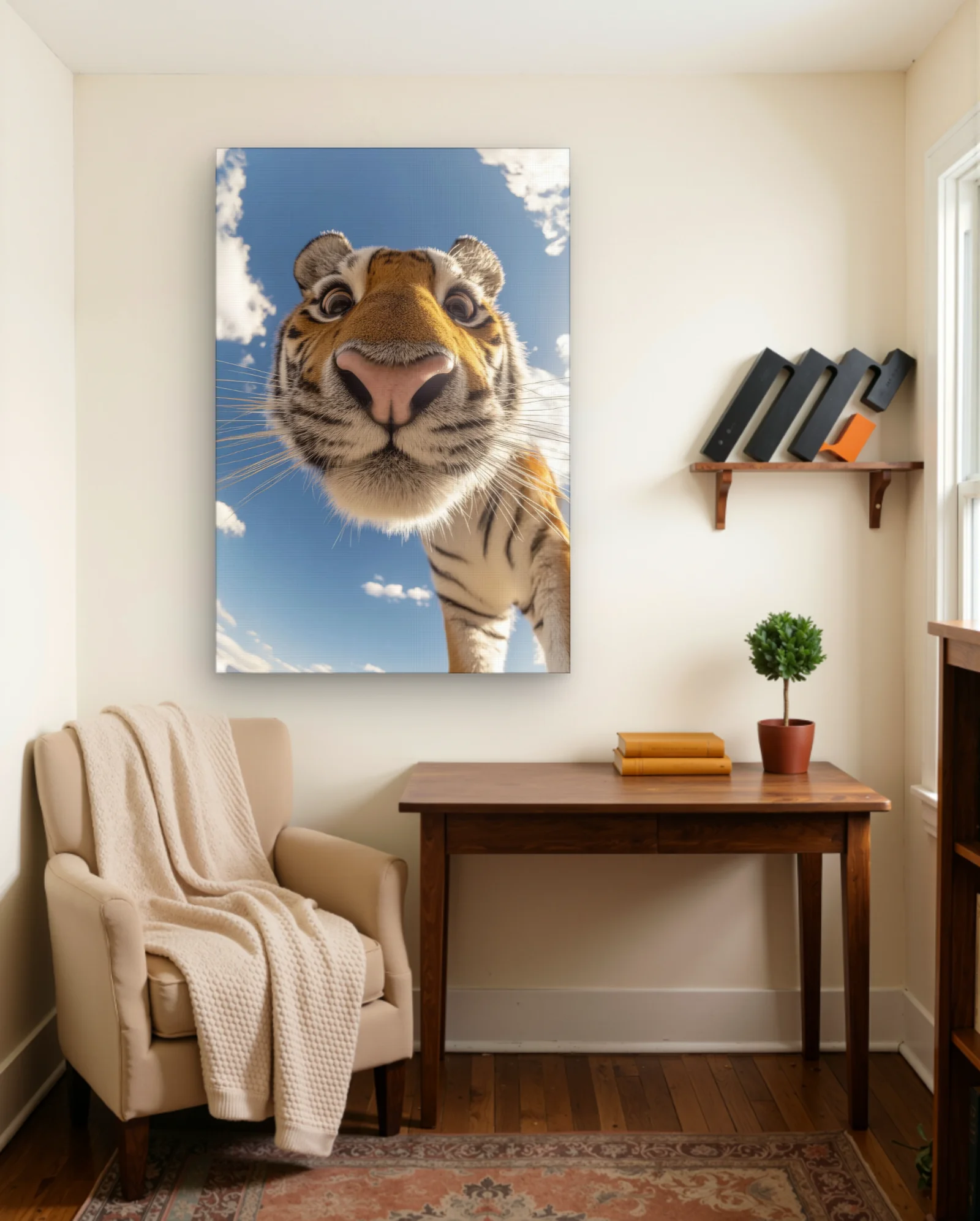 Curious Tiger Face Wall Art — framed wall art poster by Memocult