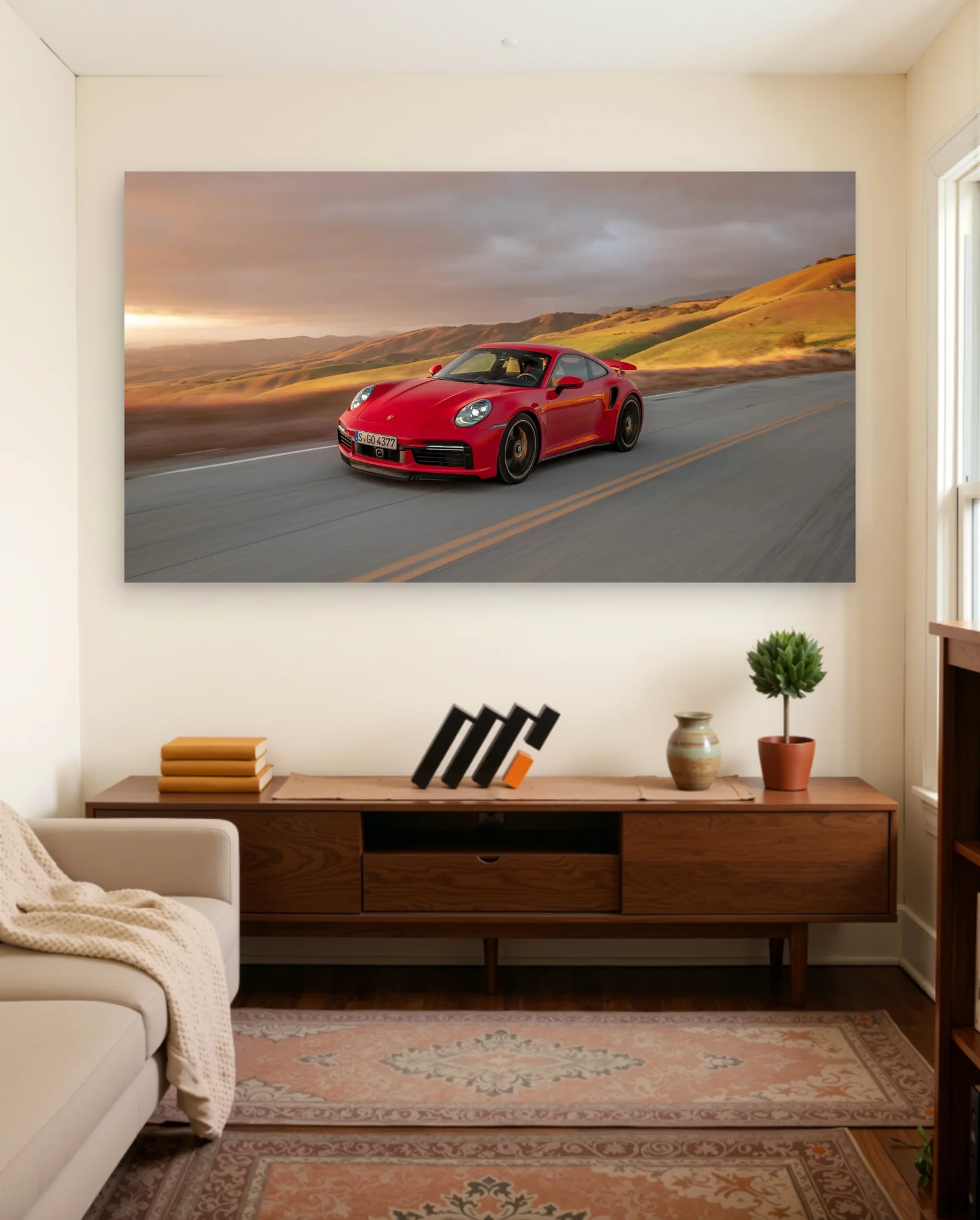 Red Porsche 911 Turbo S Golden Hour Poster — framed wall art poster by Memocult