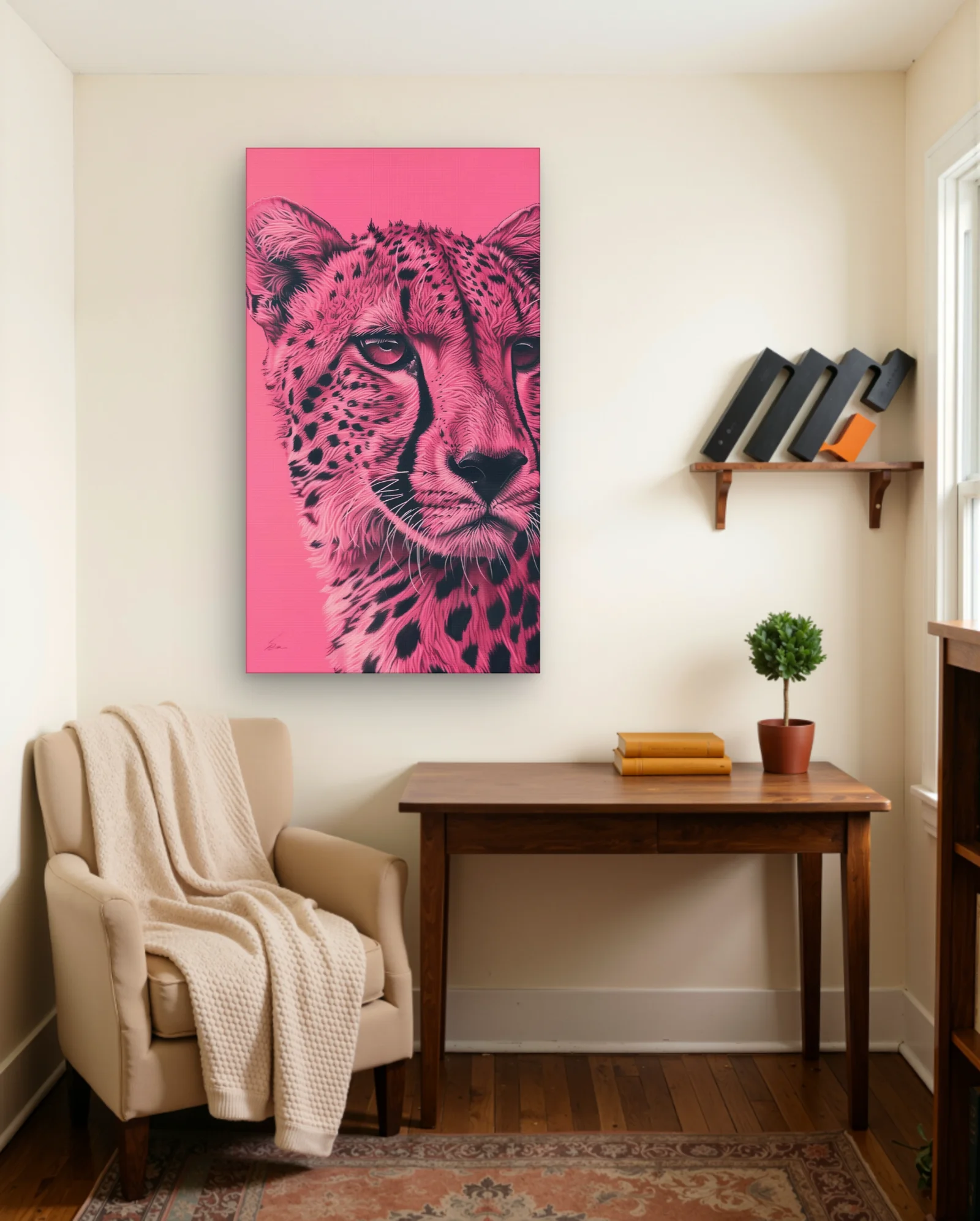 Pink Cheetah Face Wall Art — framed wall art poster by Memocult