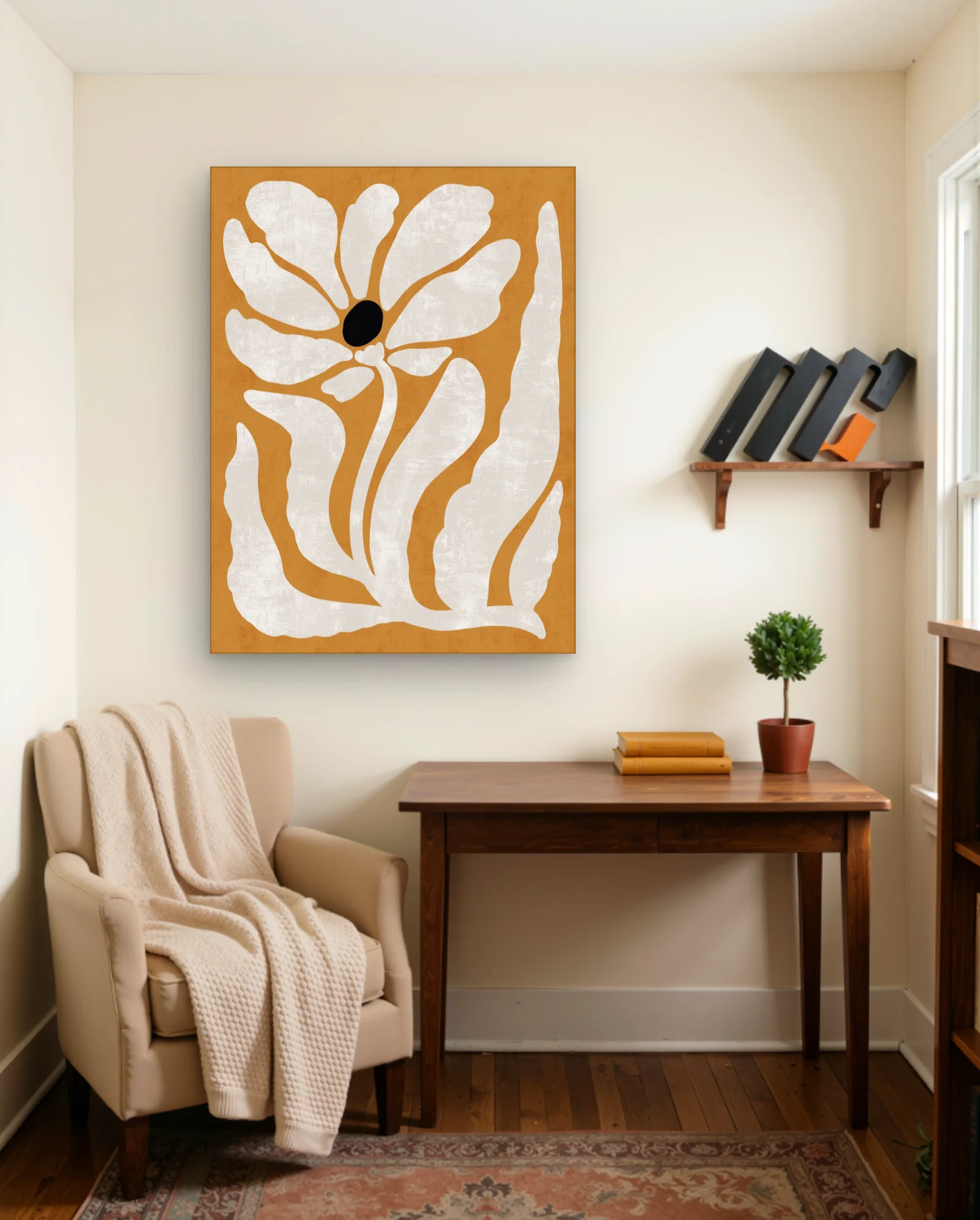 White Flower Black Center Ochre Wall Art — Abstract abstract & modern wall art poster