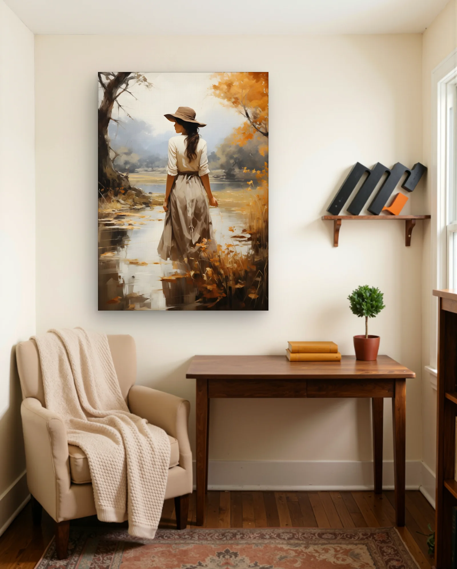 Woman In Wide Brim Hat By River Wall Art — Modern Digital Art abstract & modern wall art poster