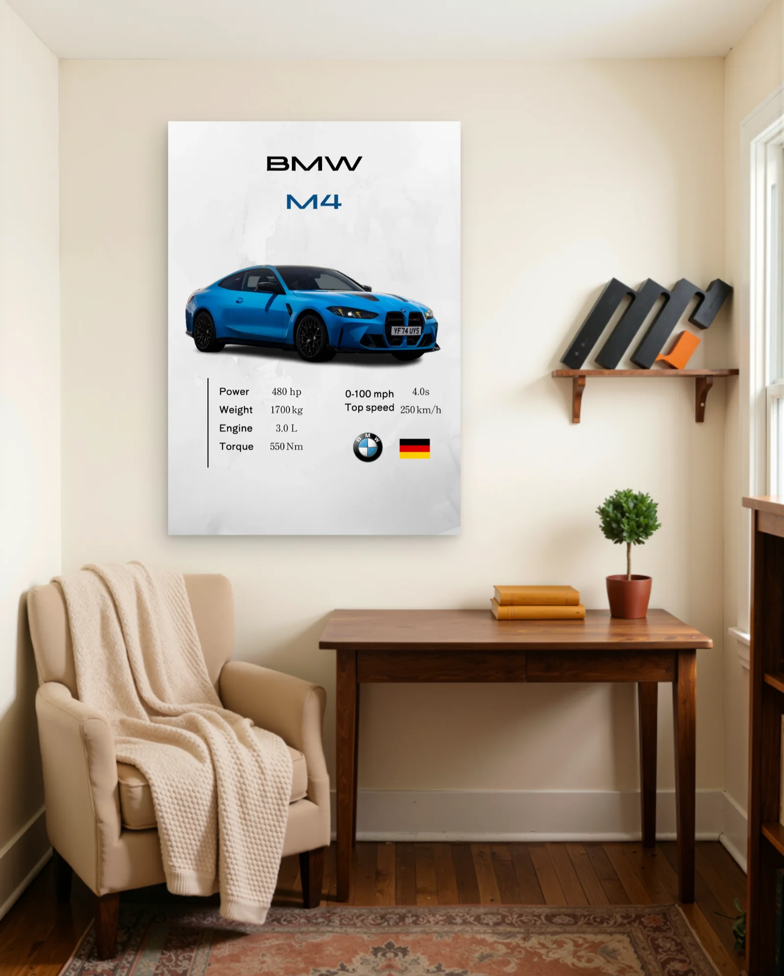 BMW M4 Competition Blue Poster — framed wall art poster by Memocult