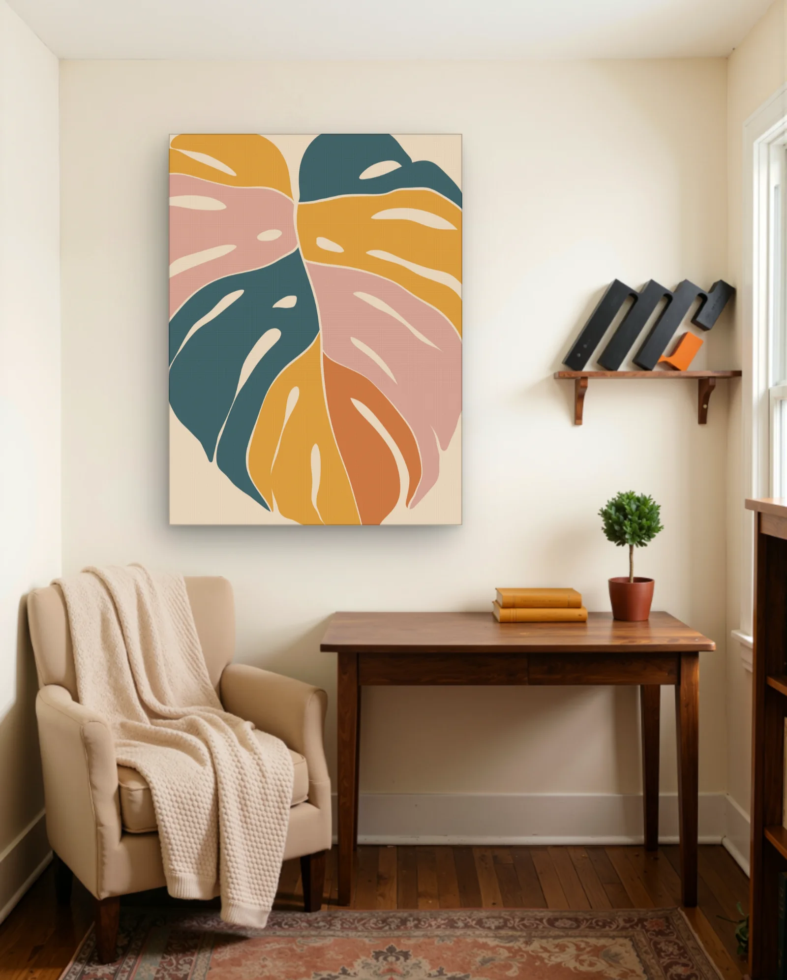 Abstract Monstera Leaf In Mustard Pink Teal Wall Art — Abstract abstract & modern wall art poster