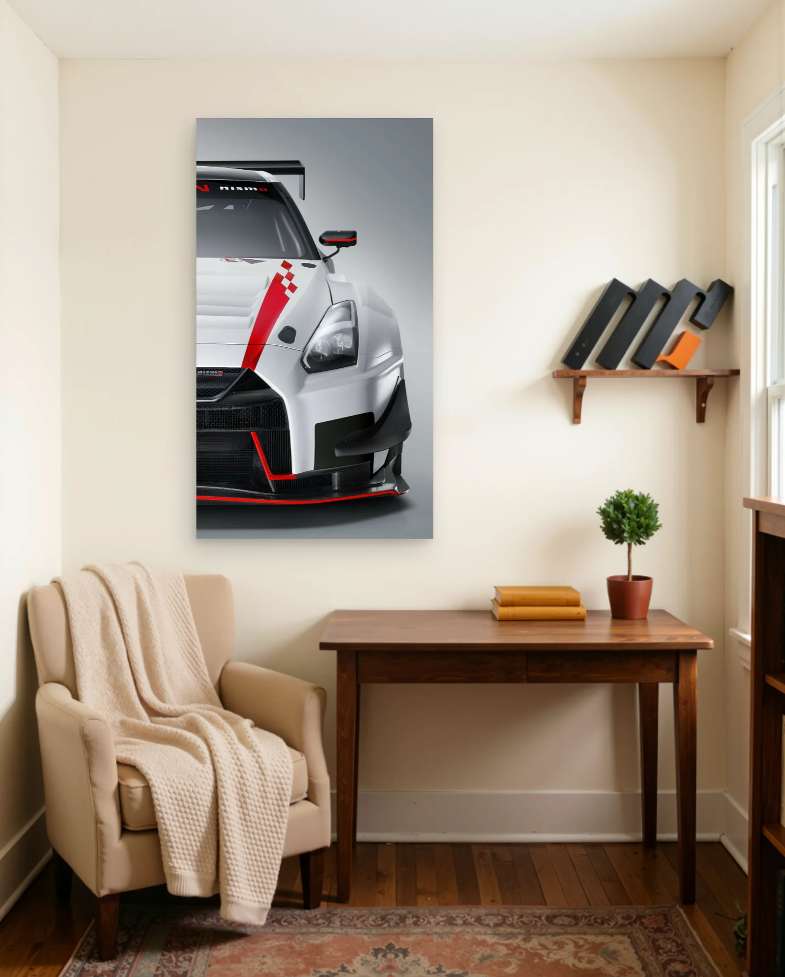 Nissan GT-R Nismo White Red Stripe Poster — framed wall art poster by Memocult
