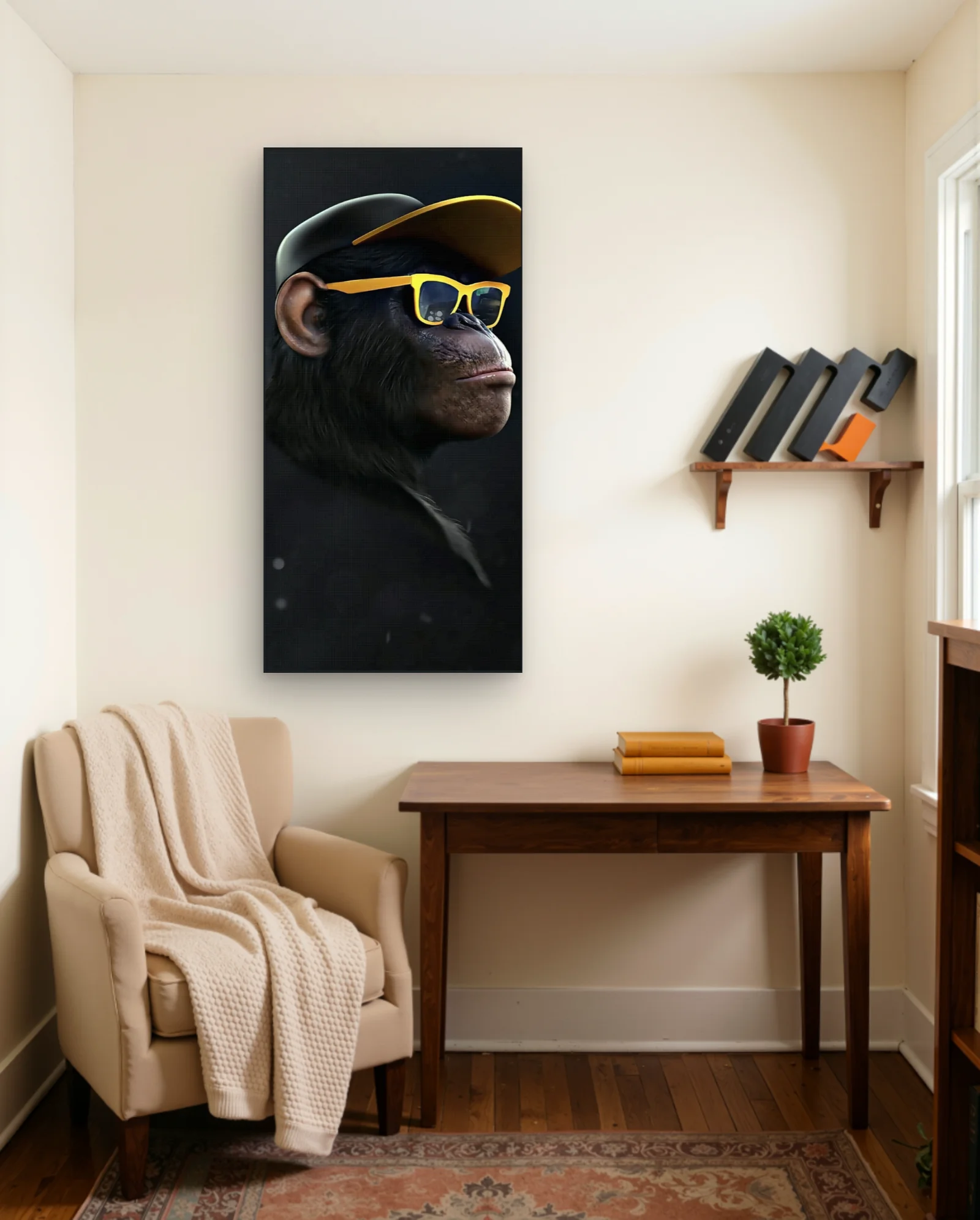 Chimpanzee Yellow Cap Sunglasses Wall Art — framed wall art poster by Memocult