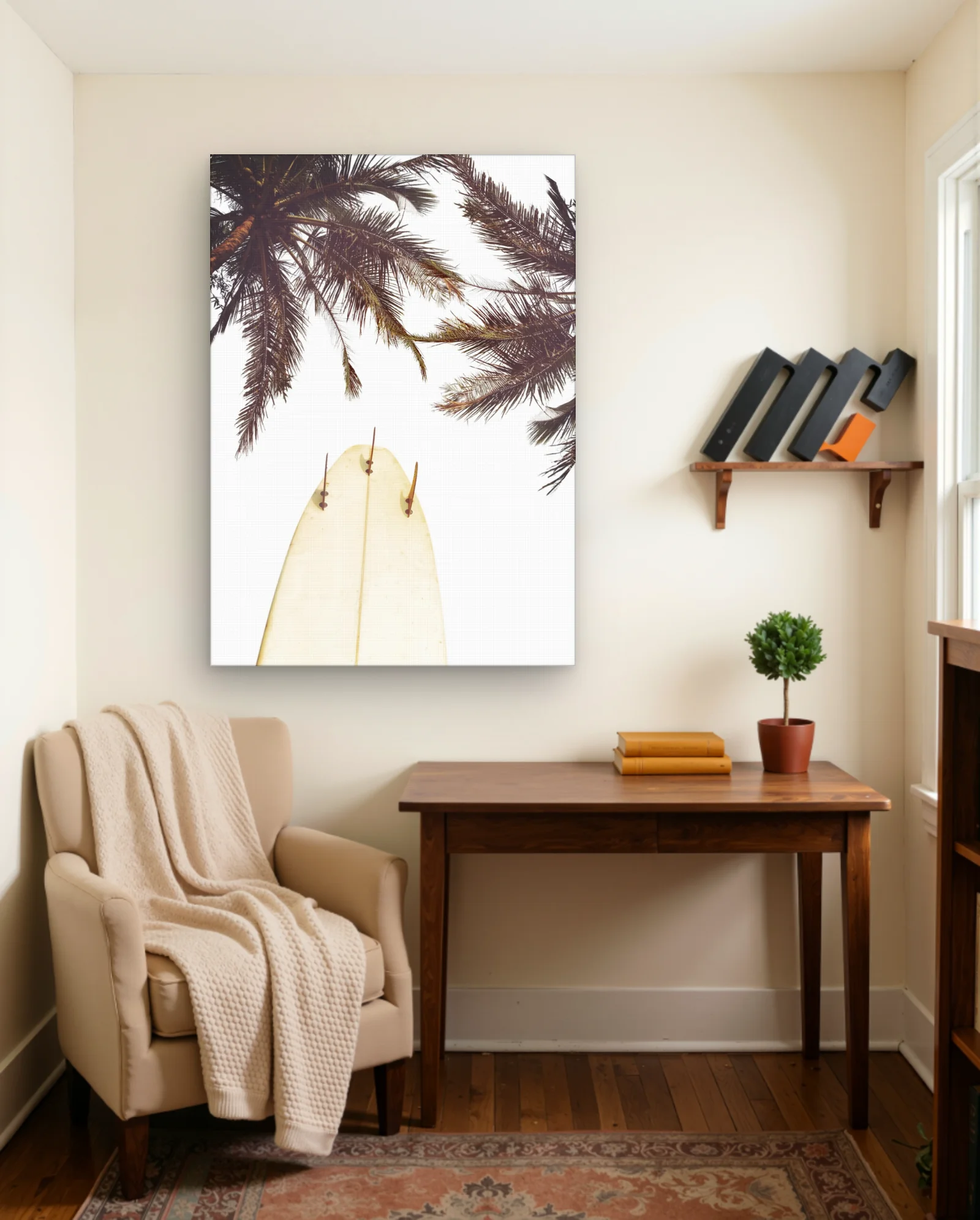 Vintage Single Fin Surfboard Under Palm Trees Wall Art — framed wall art poster by Memocult