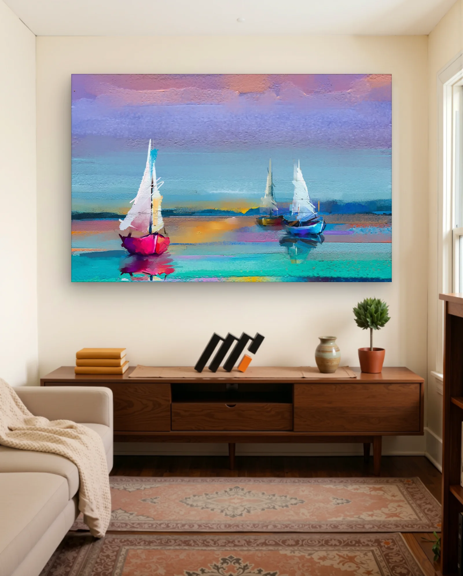 Magenta Sailboat Sunset Reflection Wall Art — framed wall art poster by Memocult