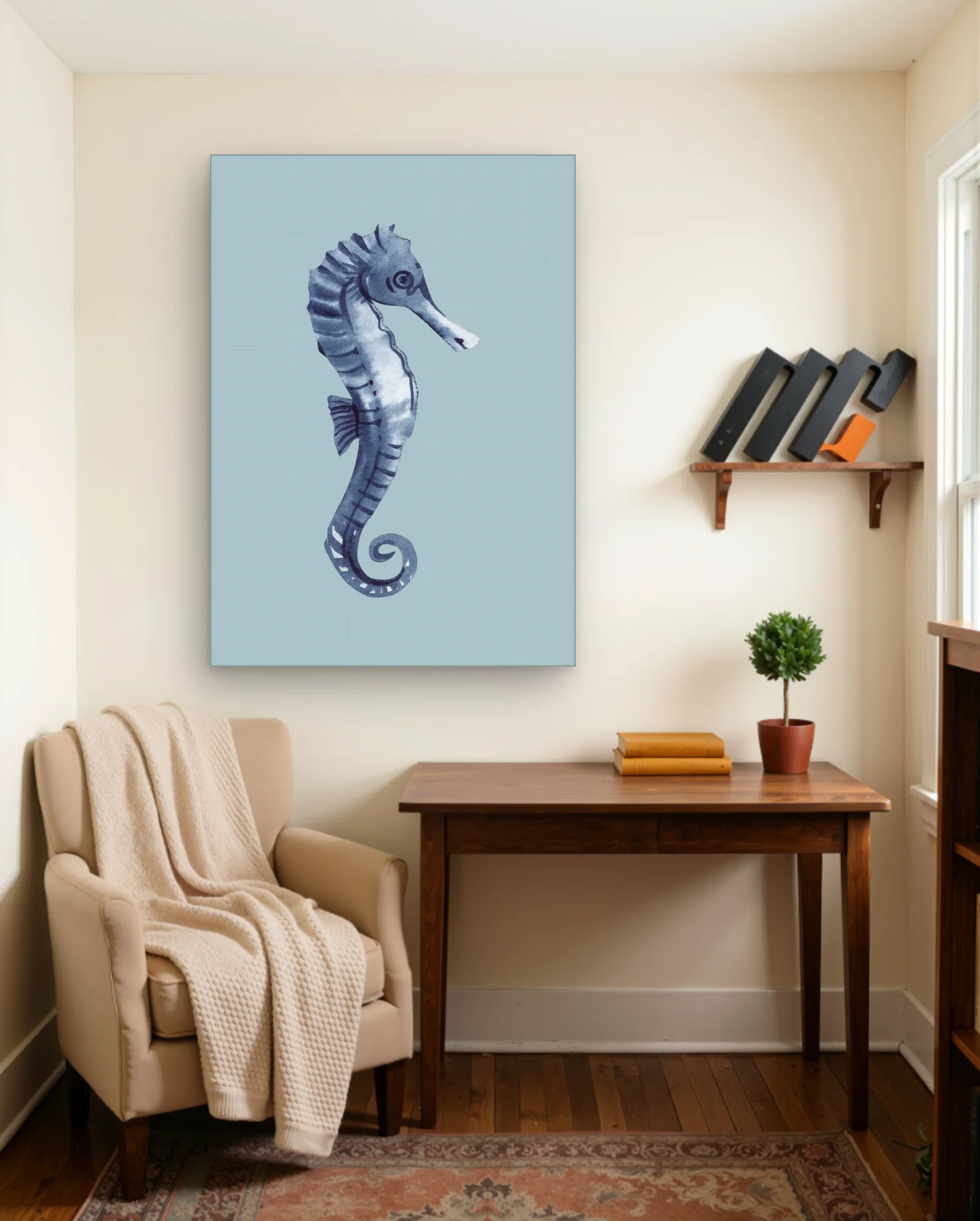 Indigo Watercolor Seahorse Wall Art — framed wall art poster by Memocult