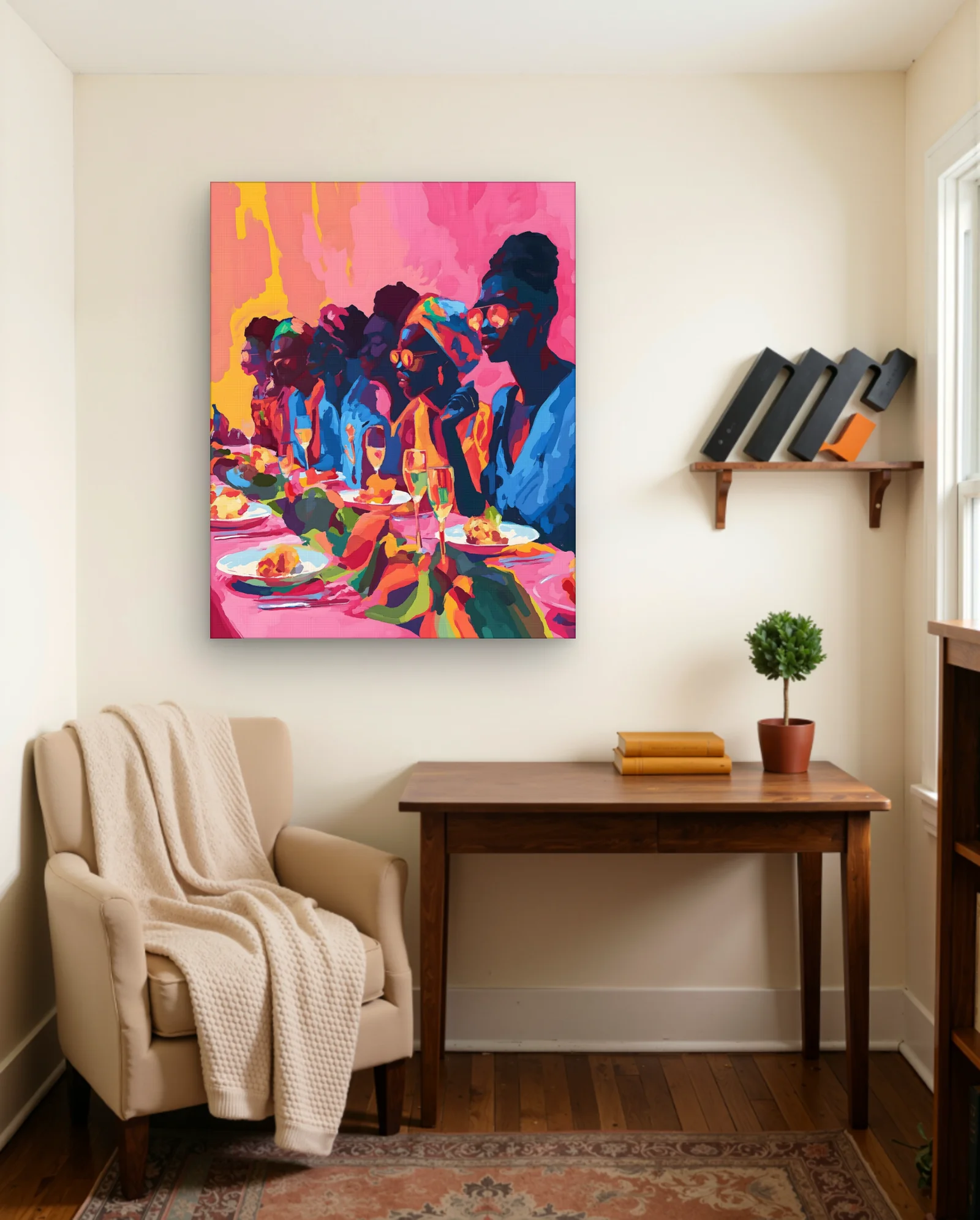 Women At Neon Dinner Party Wall Art — framed wall art poster by Memocult