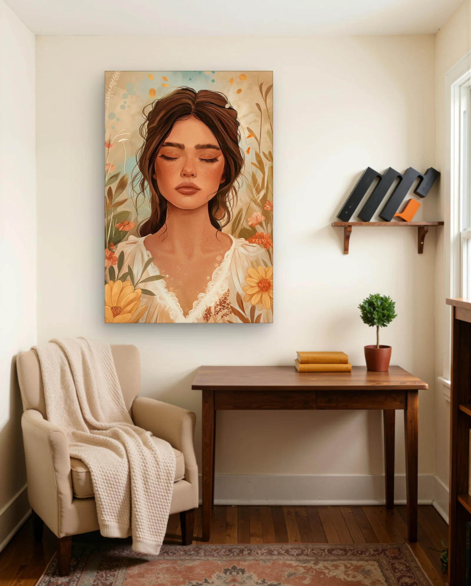 Freckled Woman In Meadow Wall Art — framed wall art poster by Memocult