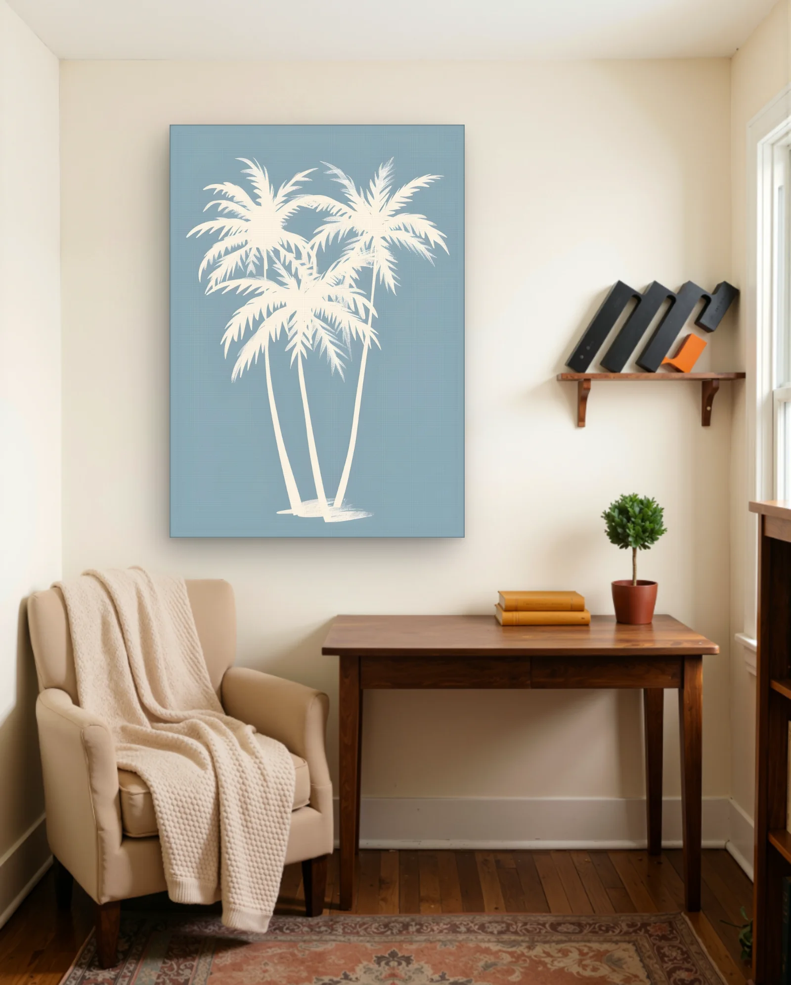 Three Ivory Palms On Dusty Blue Wall Art — Modern Digital Art abstract & modern wall art poster