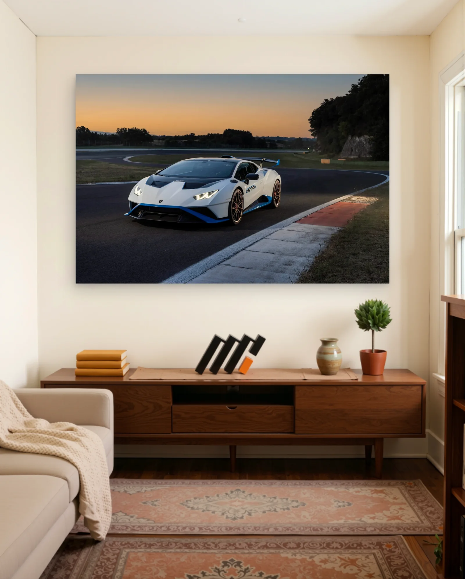 Lamborghini Huracan STO White Blue Accents Poster — framed wall art poster by Memocult