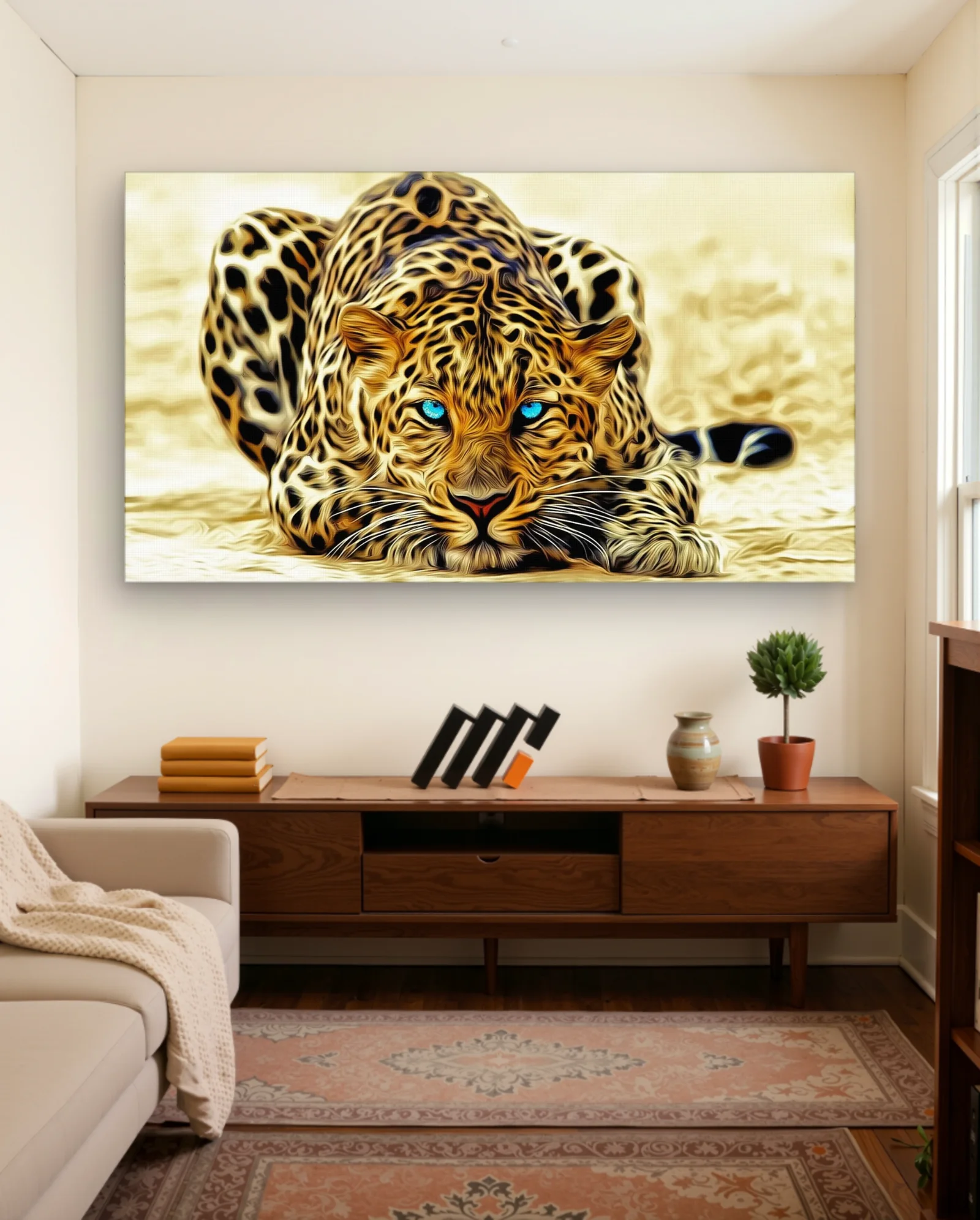 Leopard With Electric Blue Eyes Wall Art — framed wall art poster by Memocult