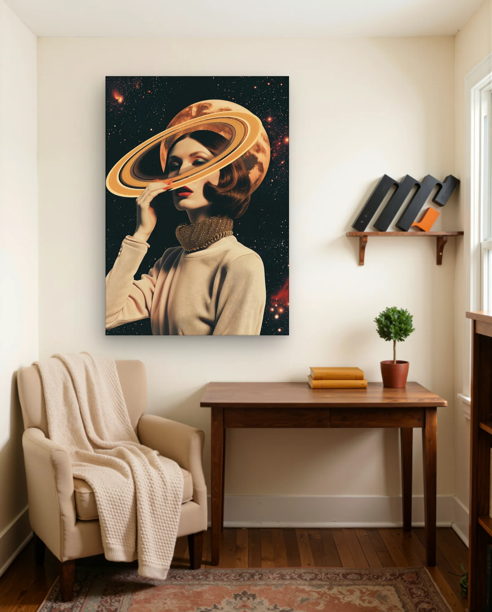 Woman With Saturn Head Wall Art — framed wall art poster by Memocult