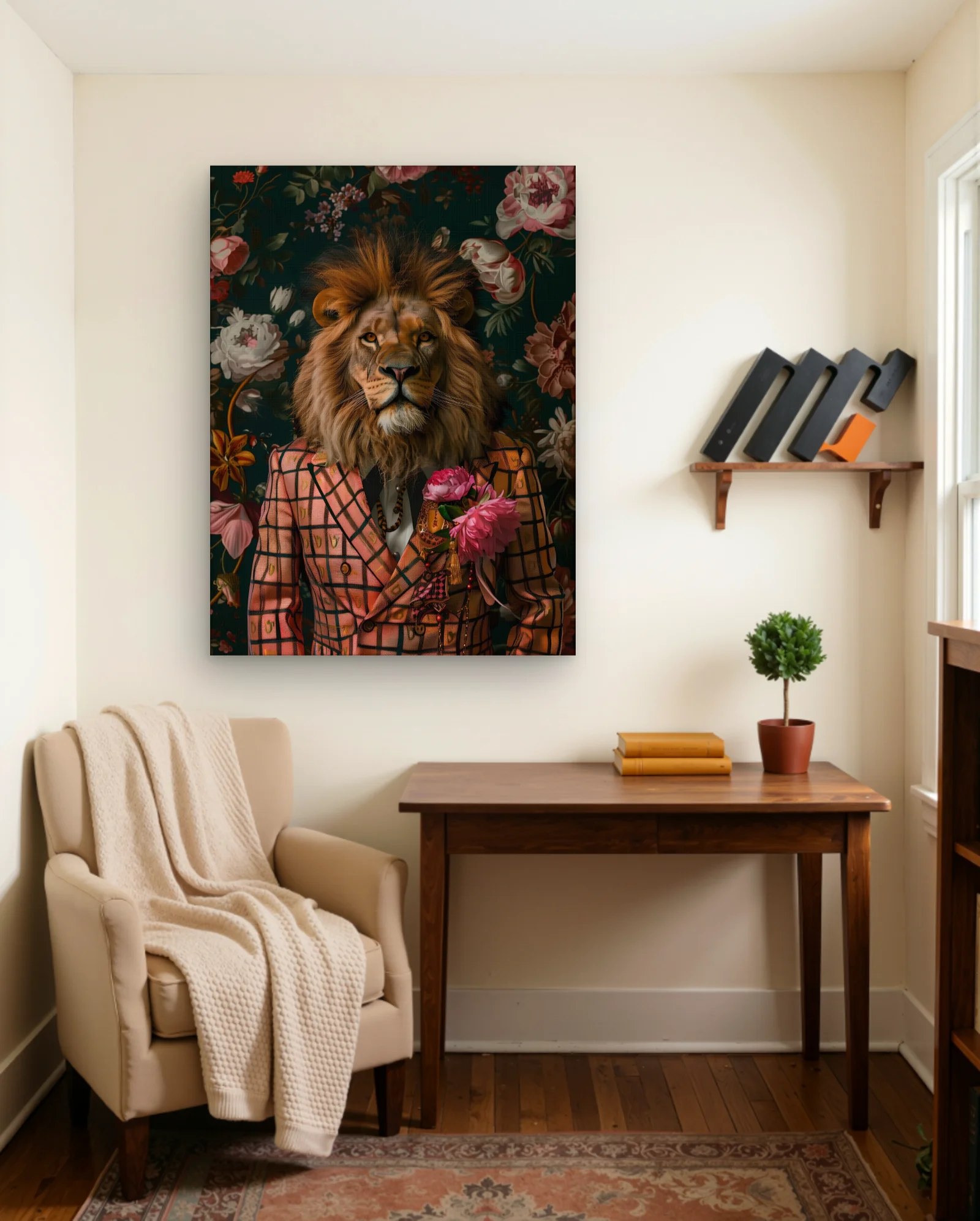 Lion In Pink Check Suit Wall Art — framed wall art poster by Memocult