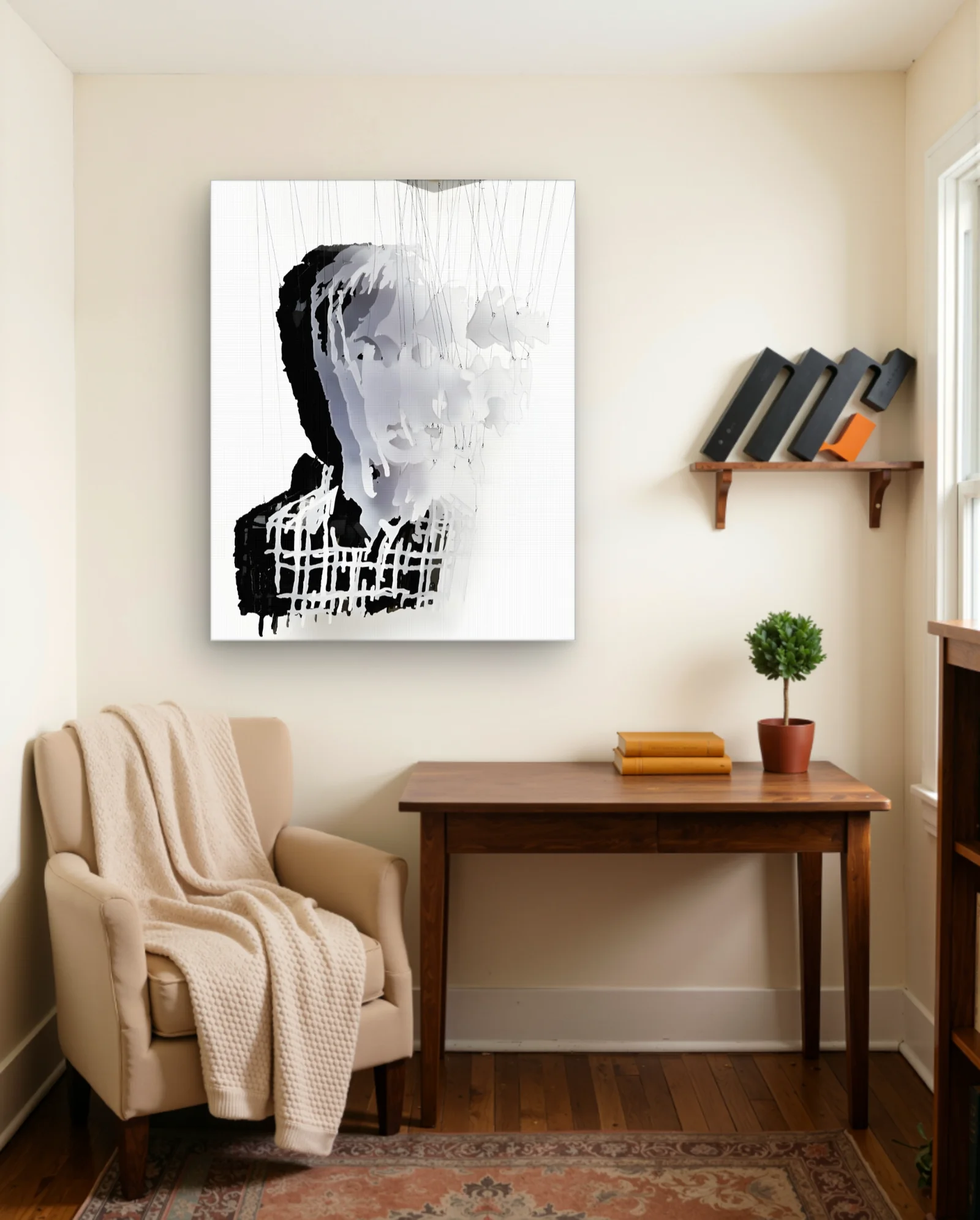 Monochrome Layered Face Drip Installation Wall Art — framed wall art poster by Memocult