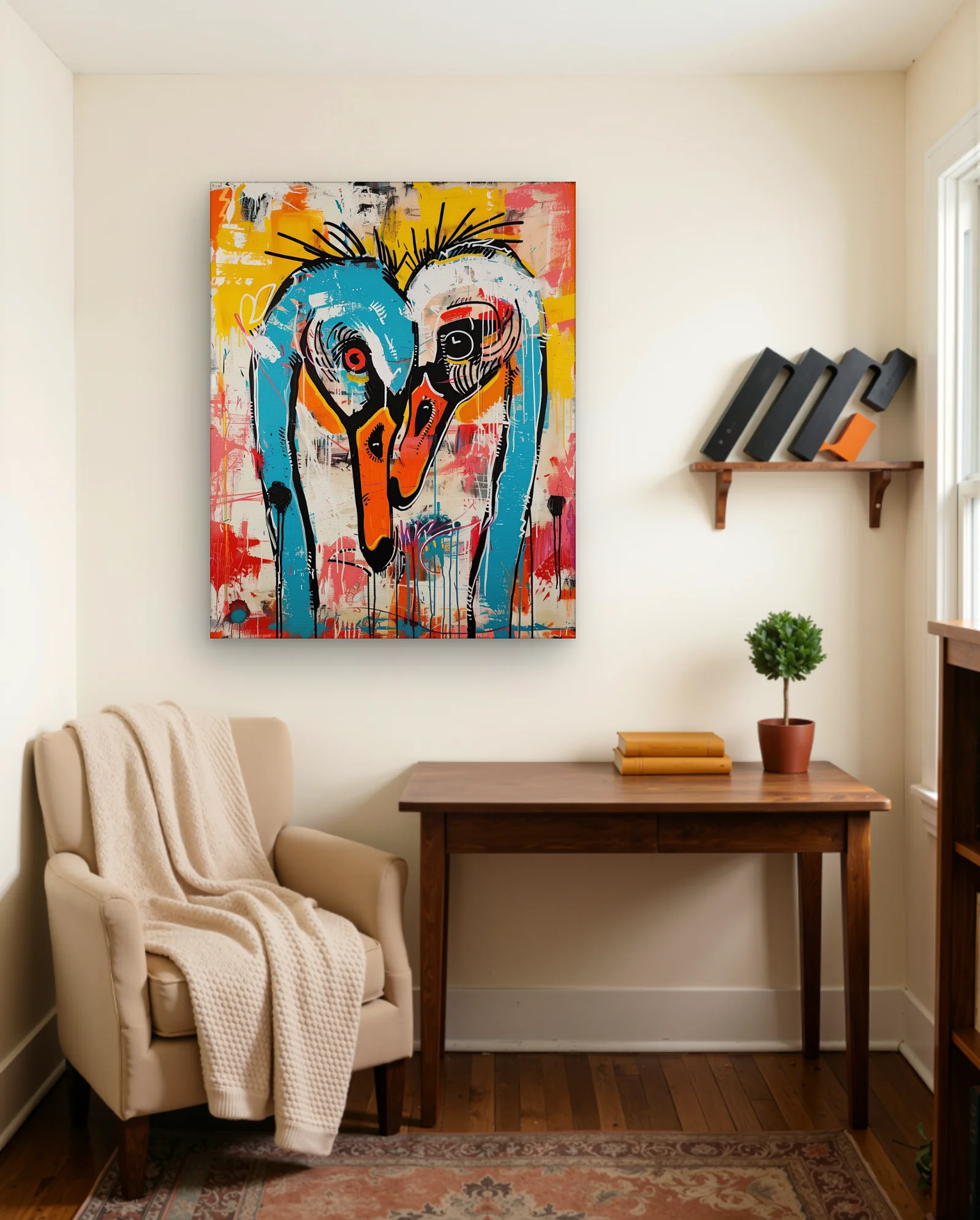 Two Blue Orange Birds Abstract Wall Art — framed wall art poster by Memocult