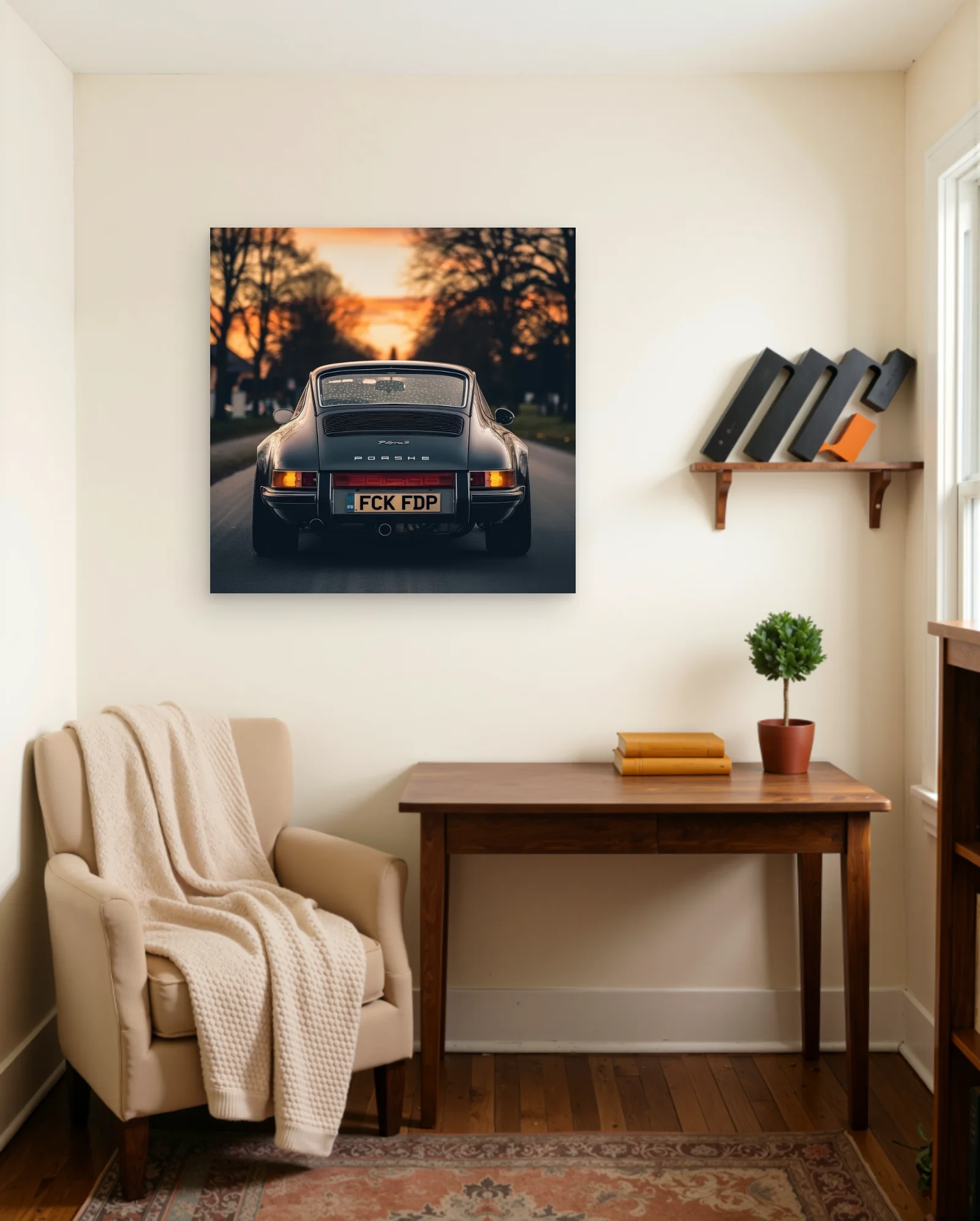 Porsche 911 FCK FDP License Plate Sunset Poster — framed wall art poster by Memocult