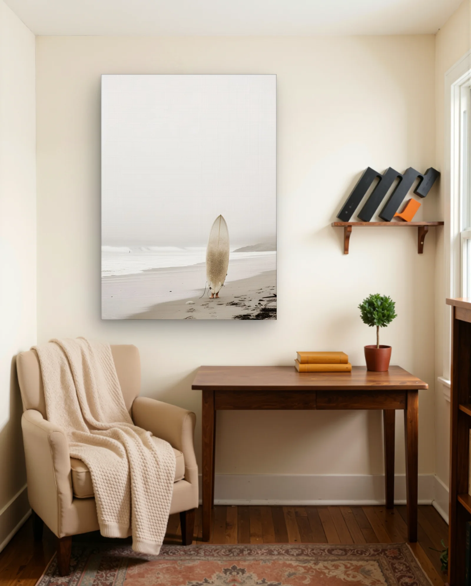 Misty Beach With Vertical Surfboard Wall Art — framed wall art poster by Memocult