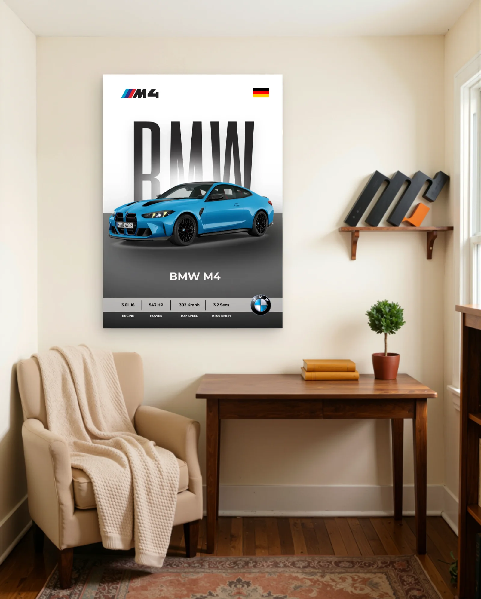 Blue BMW M4 Poster — framed wall art poster by Memocult