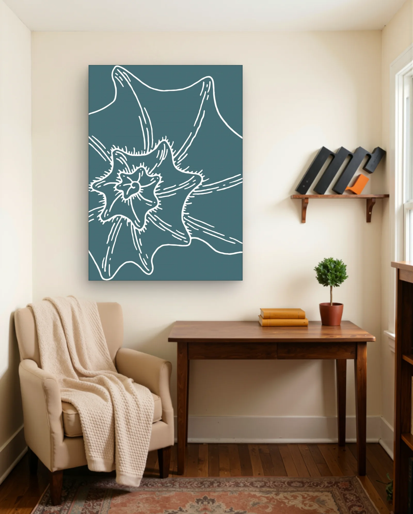 Teal Nautilus Shell Line Art Wall Art — framed wall art poster by Memocult