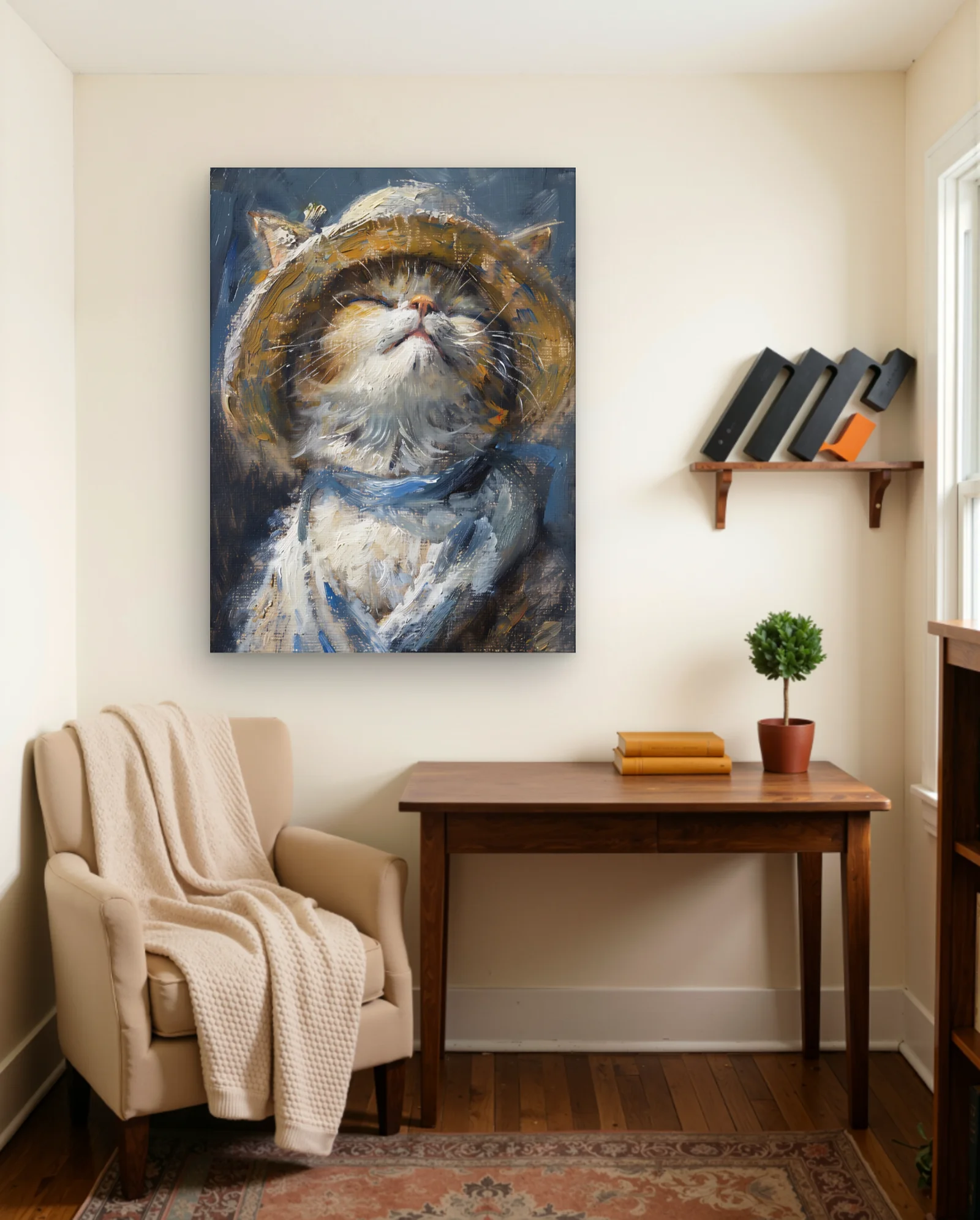 Cat Wearing Straw Hat And Blue Scarf Wall Art — Abstract abstract & modern wall art poster