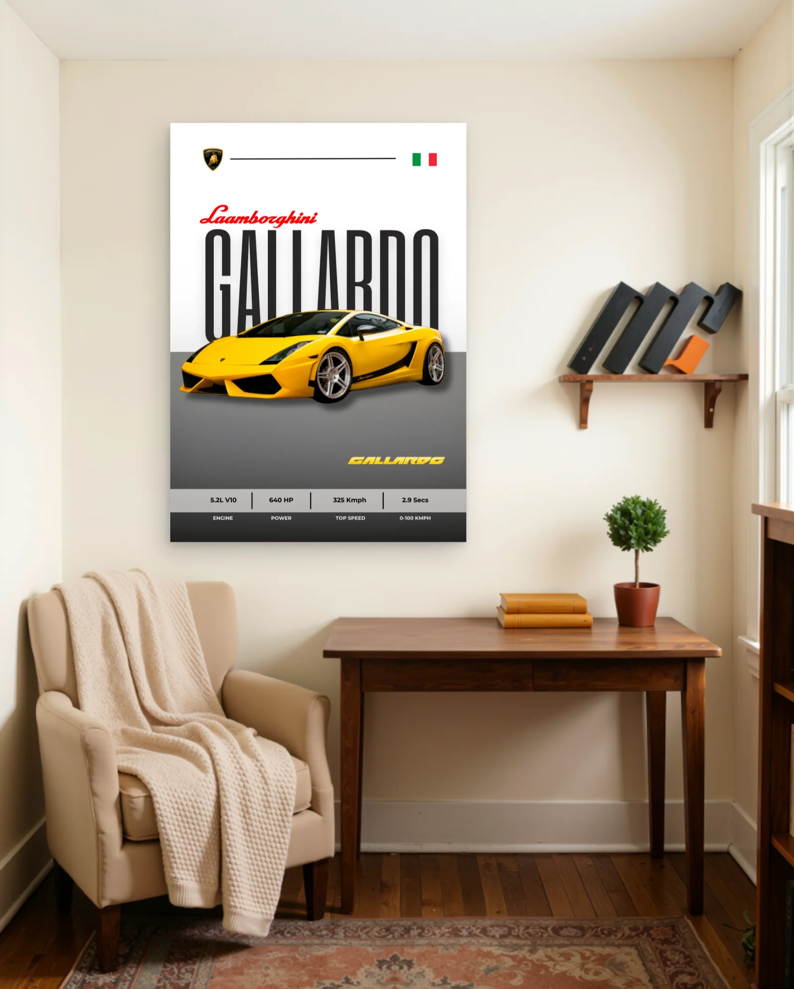 Yellow Lamborghini Gallardo Poster — framed wall art poster by Memocult