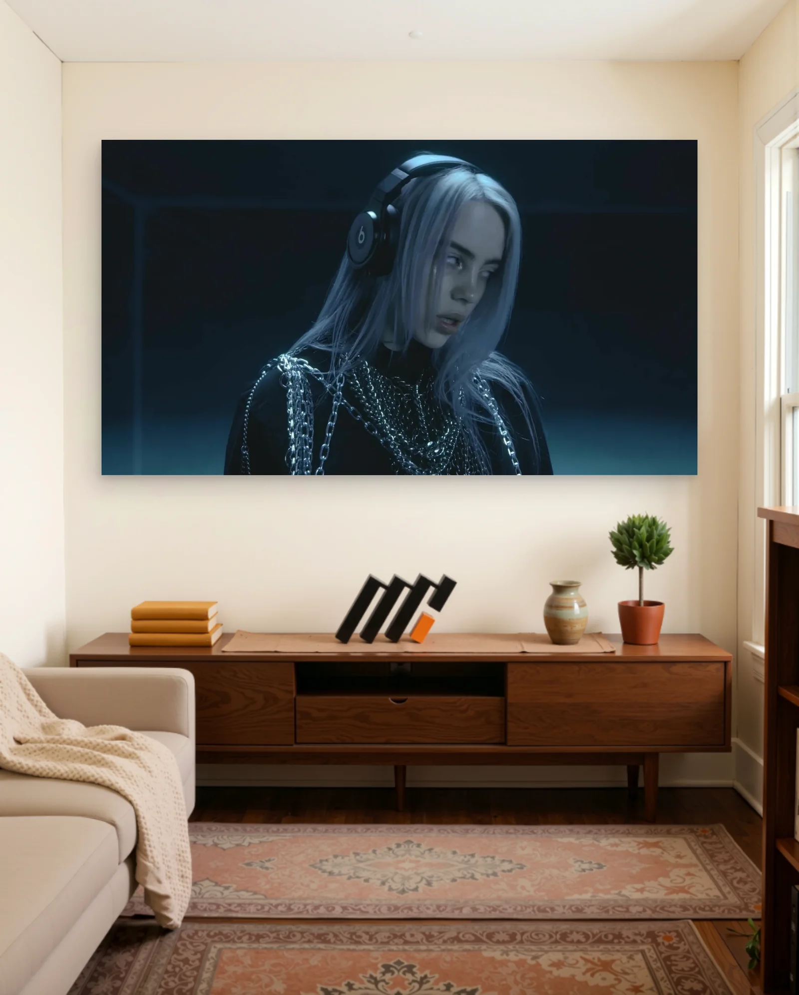 Billie Eilish With Chains And Headphones Poster — framed wall art poster by Memocult