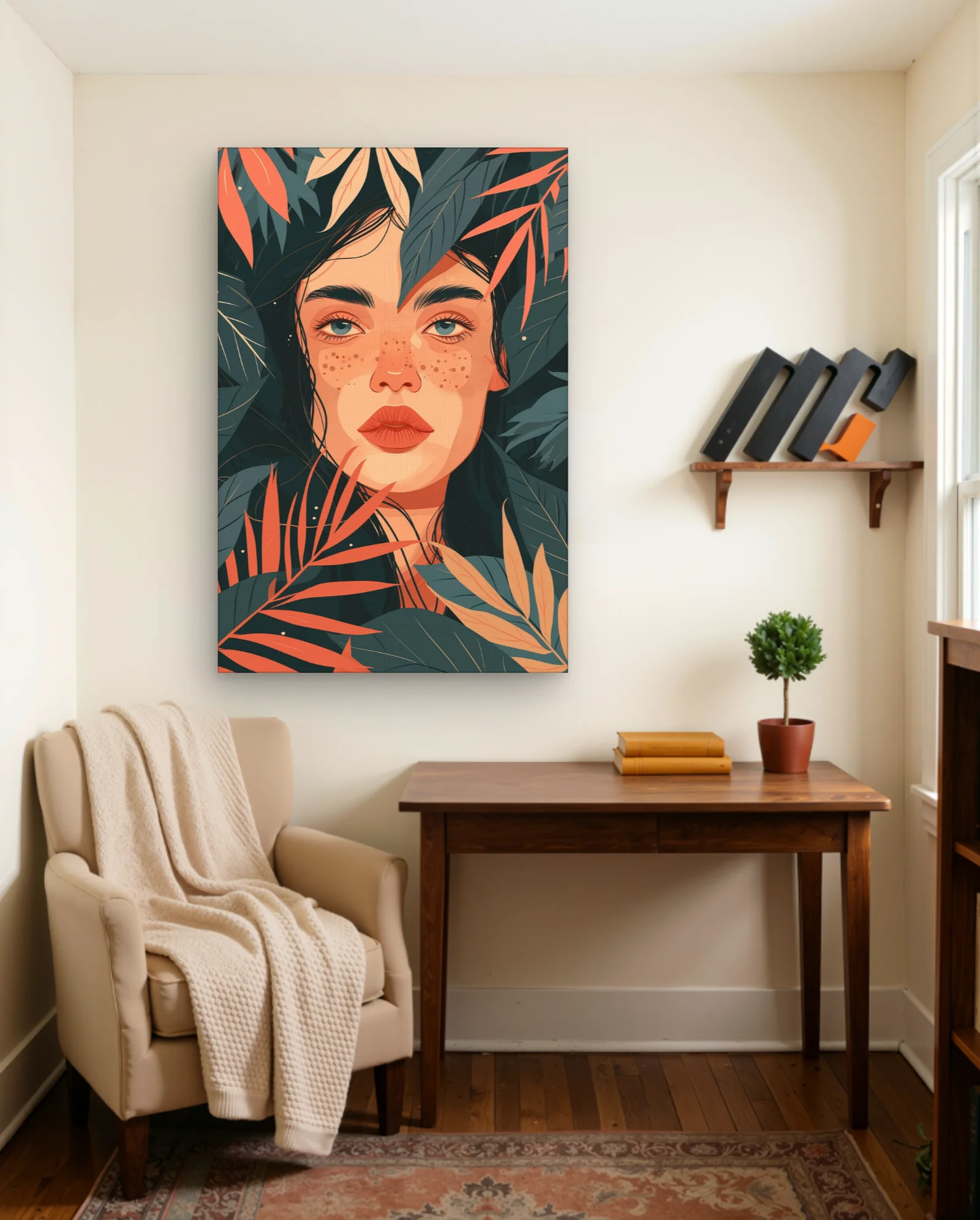 Freckled Woman With Coral Leaves Wall Art — framed wall art poster by Memocult