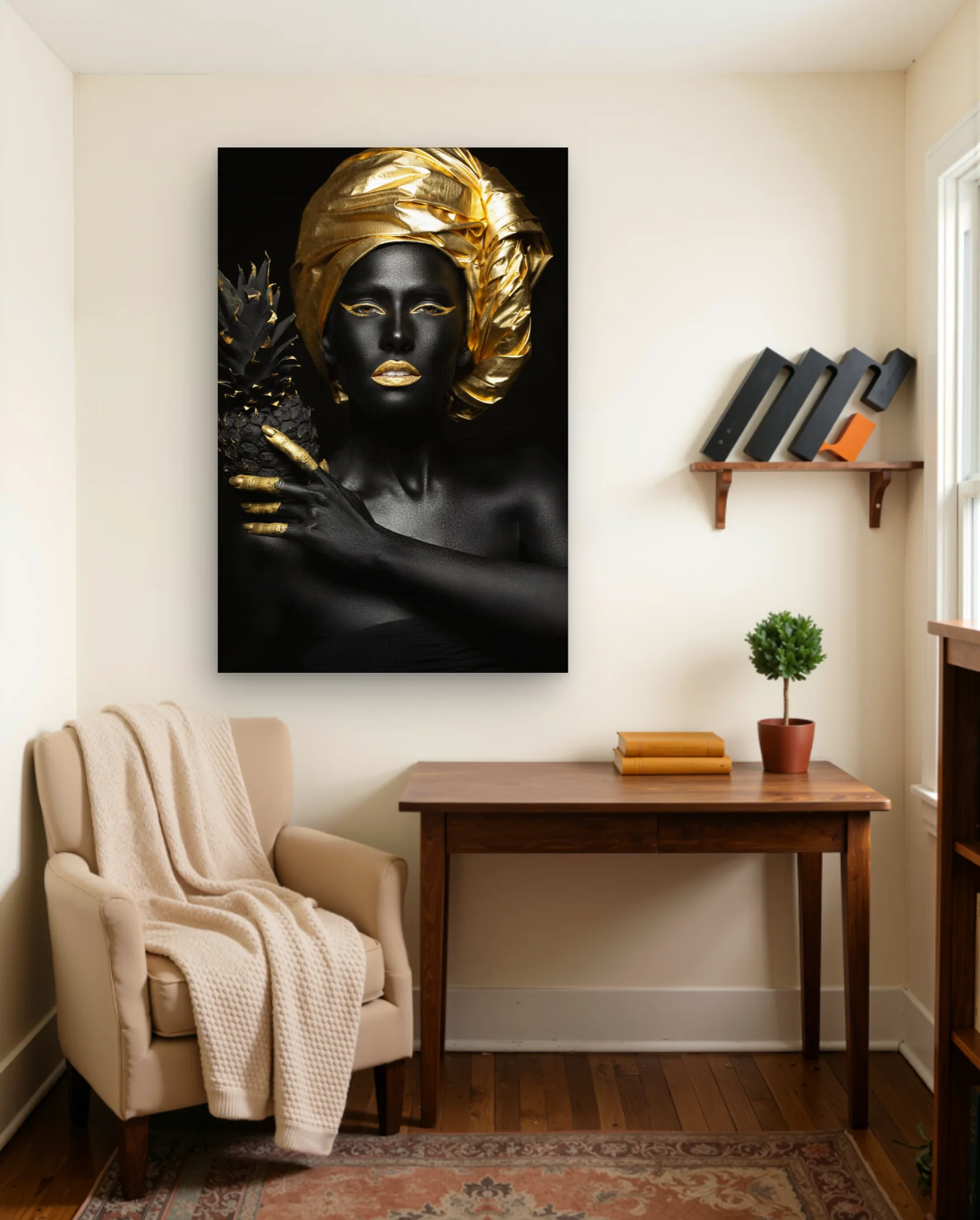 Black Body Paint Gold Turban Pineapple Wall Art — framed wall art poster by Memocult