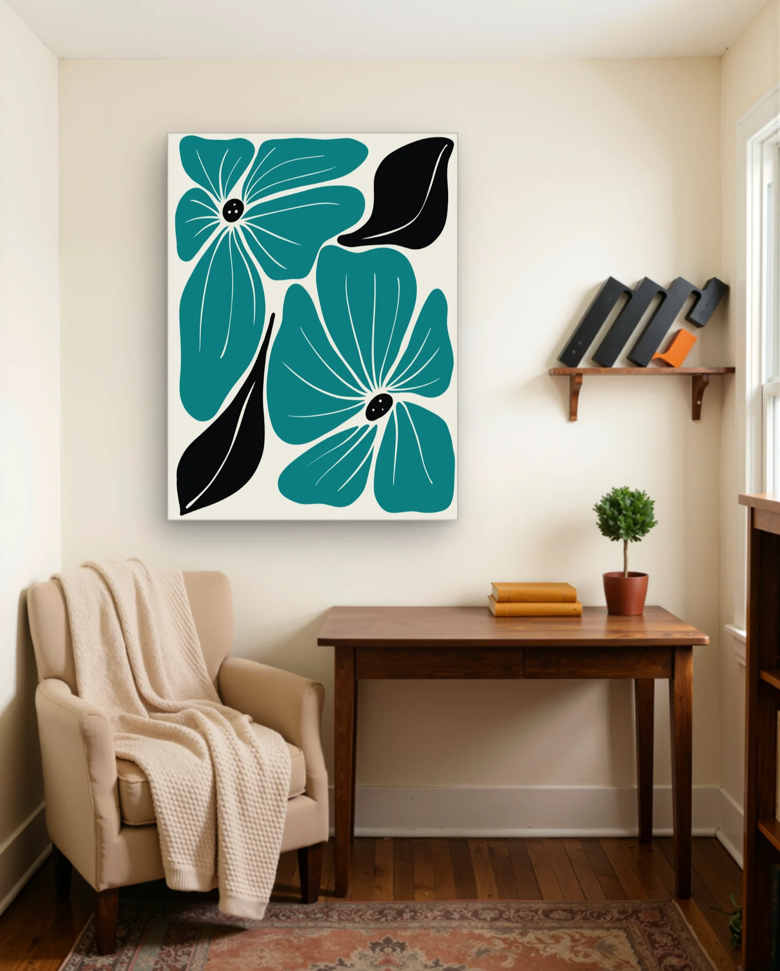 Teal Flowers With Black Leaves Wall Art — framed wall art poster by Memocult