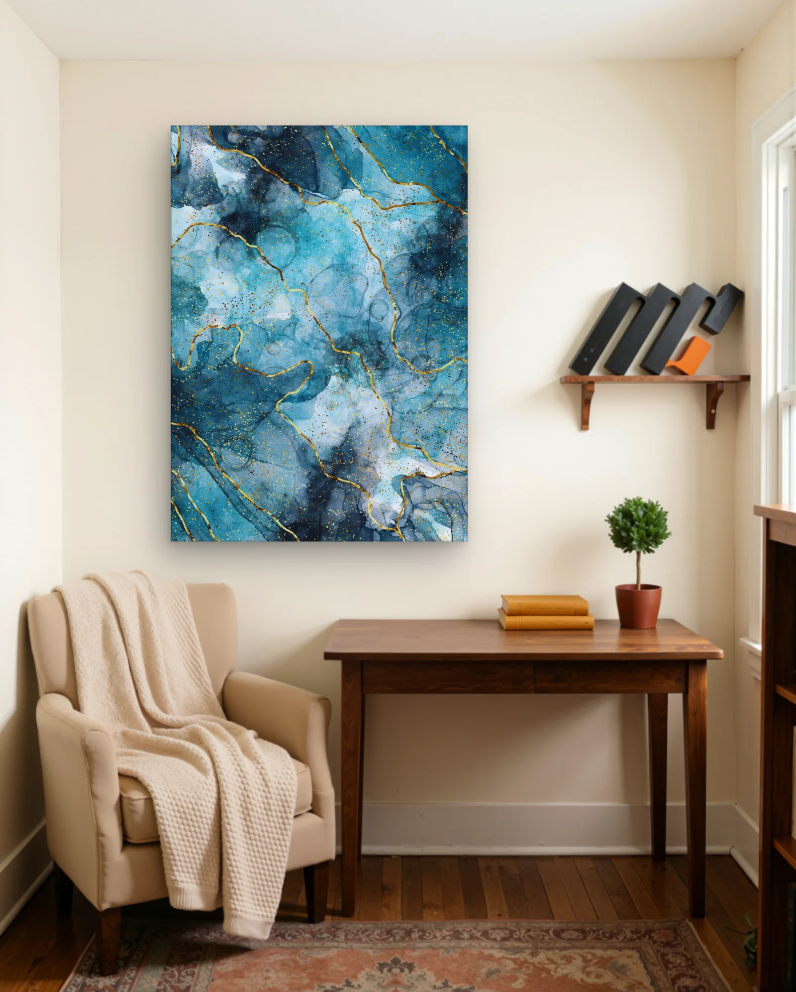 Teal Marble With Gold Veins Wall Art — framed wall art poster by Memocult