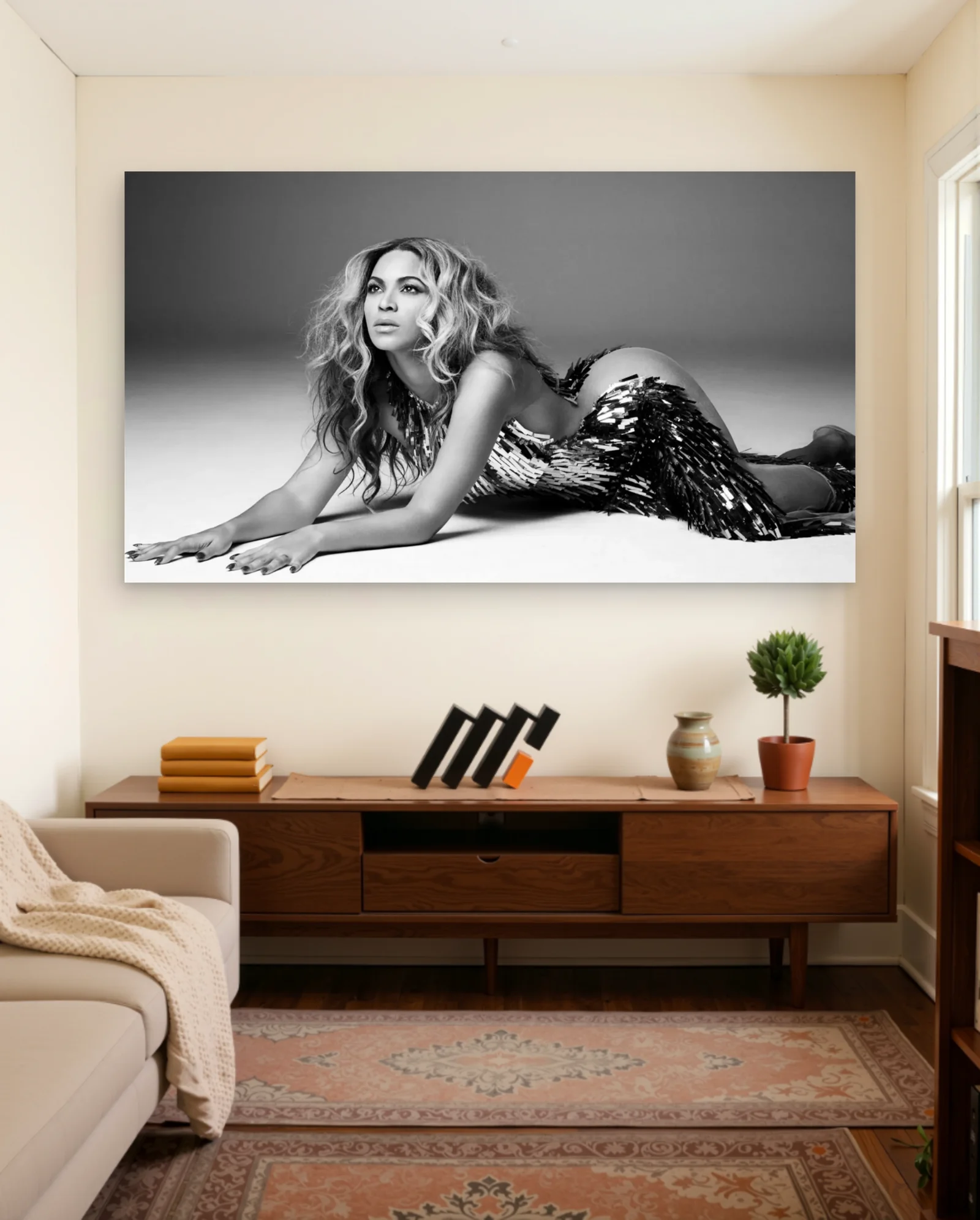 Beyoncé Black And White Pose Poster — framed wall art poster by Memocult
