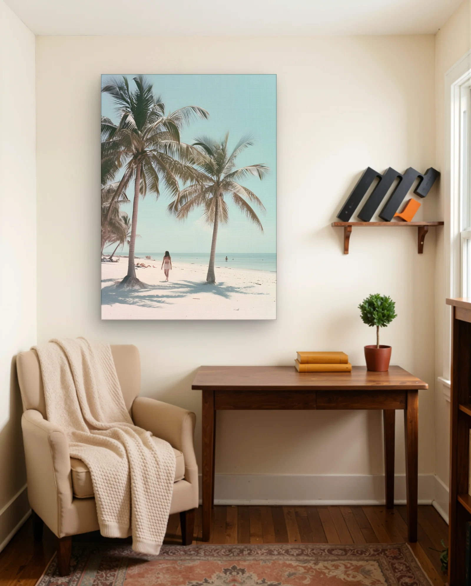 Woman Walking Between Palm Trees Wall Art — framed wall art poster by Memocult