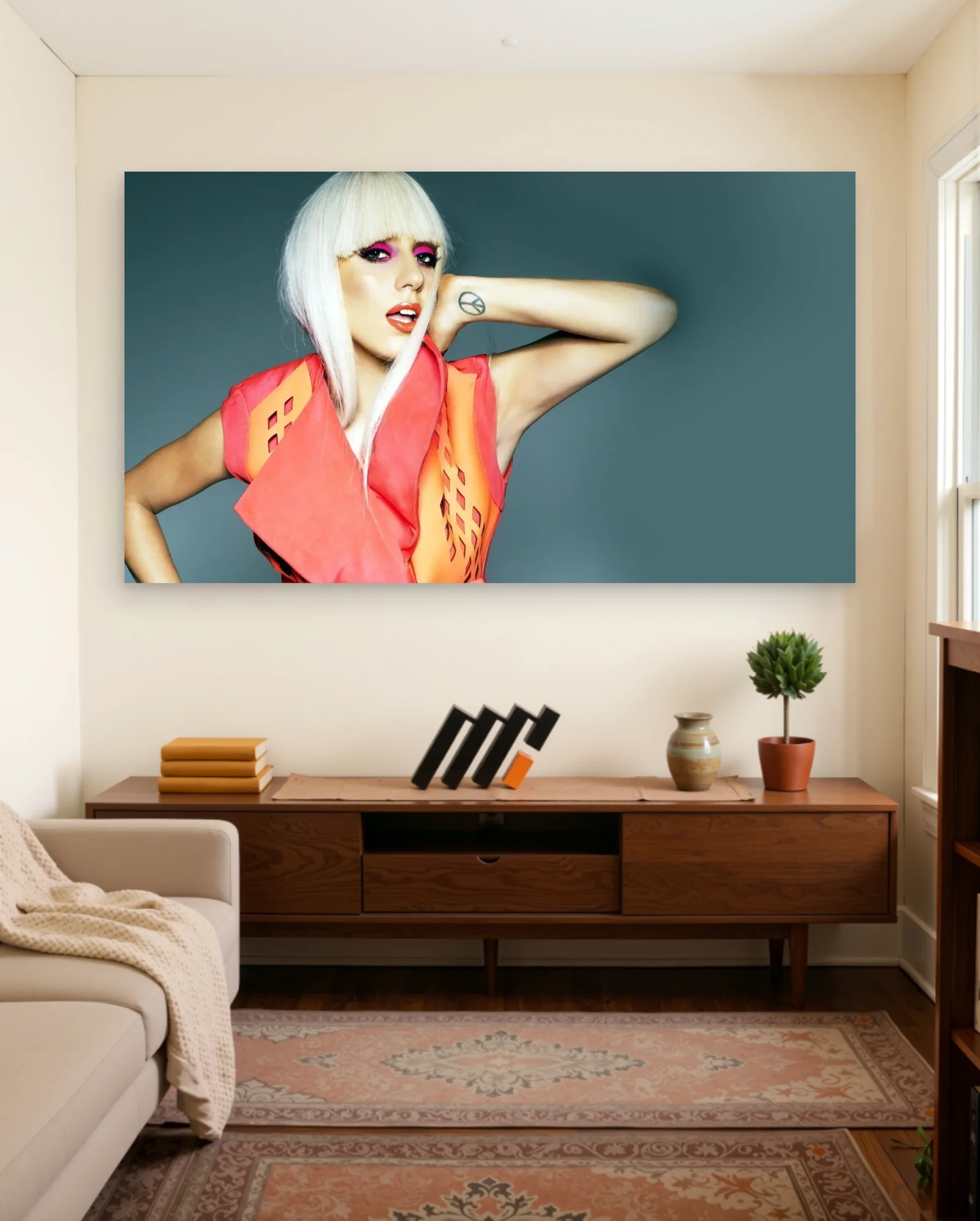 Lady Gaga Pink Eyeshadow Peace Sign Poster — framed wall art poster by Memocult