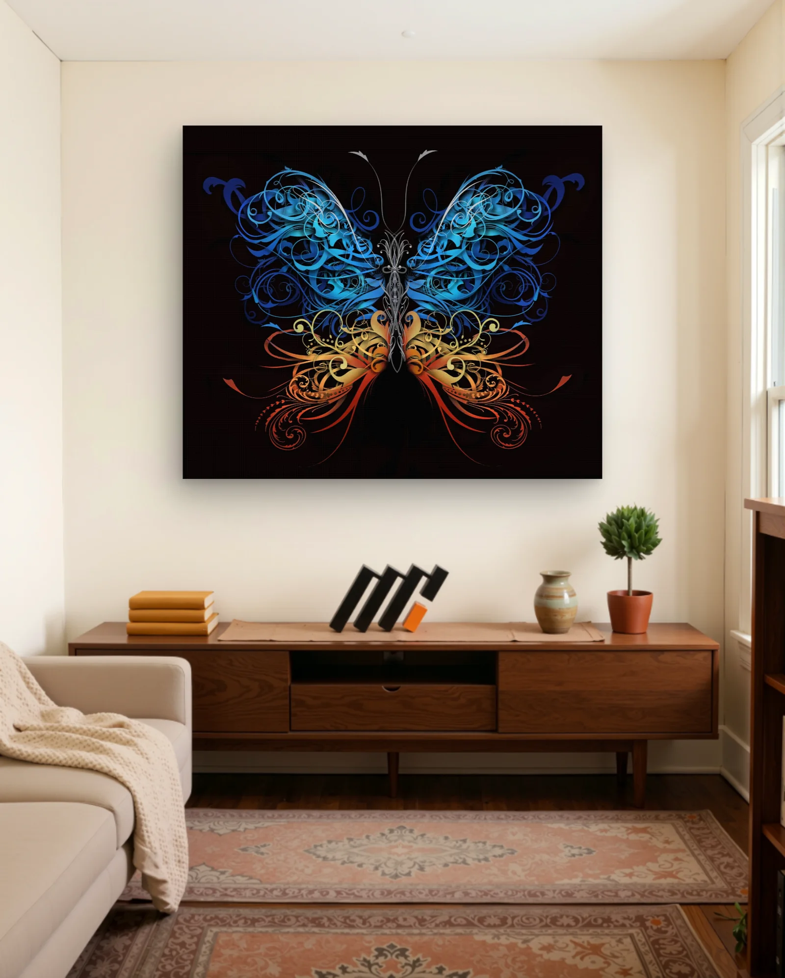 Blue Orange Floral Butterfly Wall Art — Abstract abstract & modern wall art poster