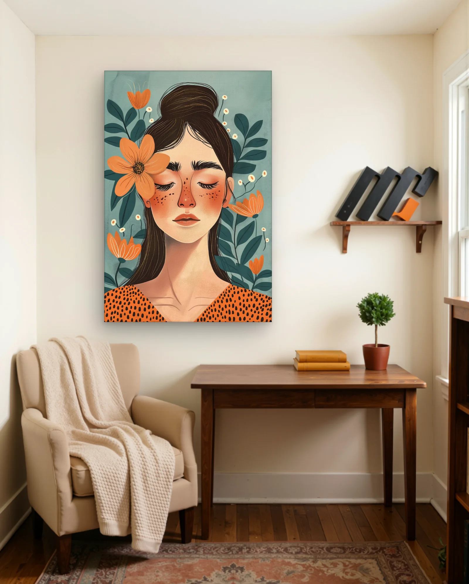Freckled Woman With Orange Flowers Wall Art — Modern Digital Art abstract & modern wall art poster