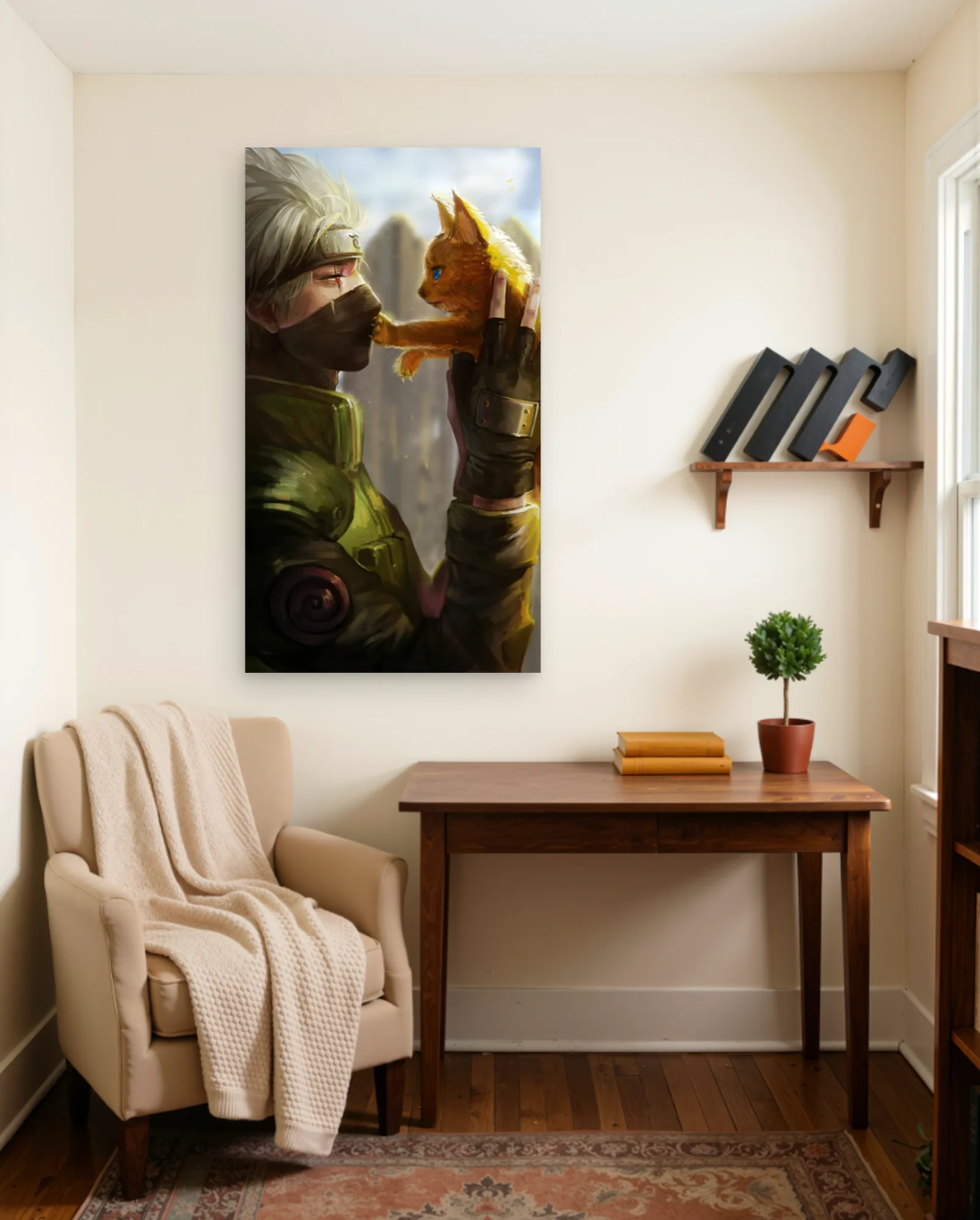 Kakashi Hatake And Orange Fox Cub Poster — framed wall art poster by Memocult