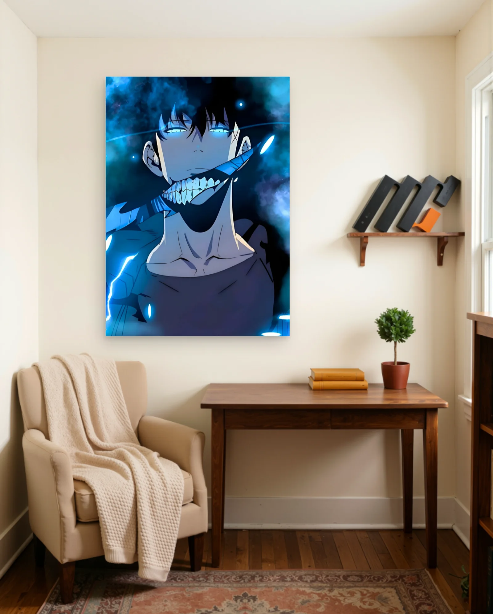 Sung Jinwoo Blue Aura Sword Mouth Poster — framed wall art poster by Memocult