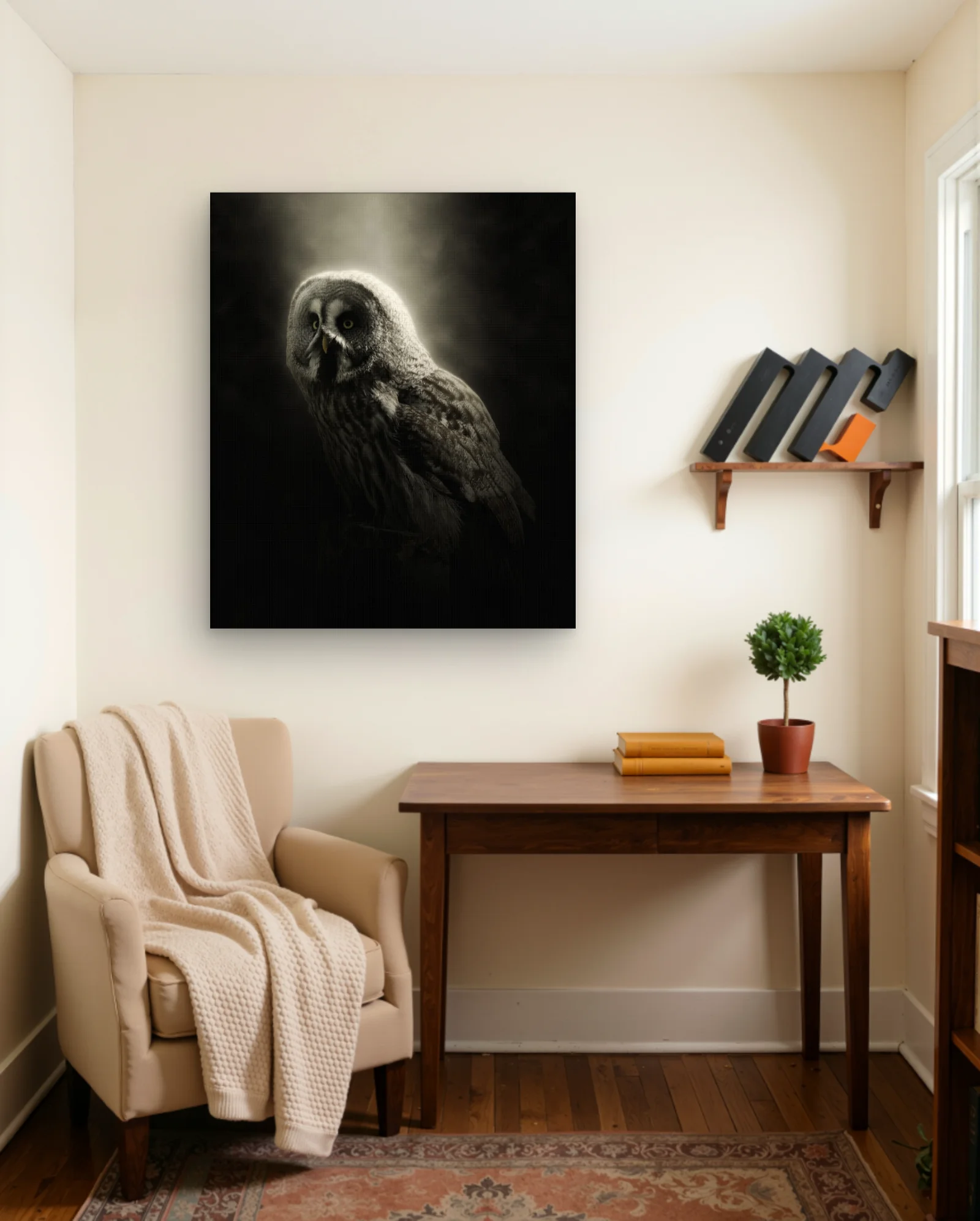 Great Grey Owl Halo Light Wall Art — framed wall art poster by Memocult