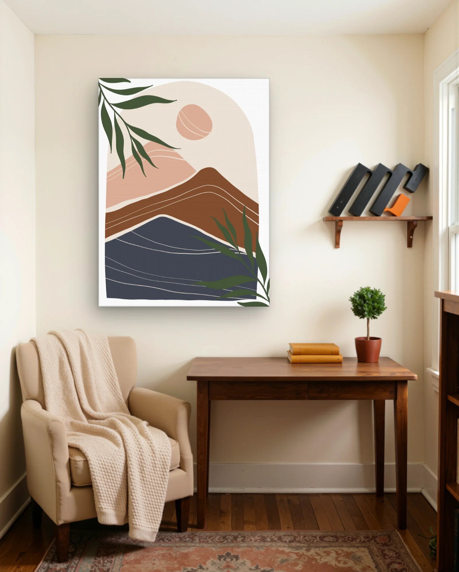 Terracotta Abstract Landscape With Sun And Leaves Wall Art — framed wall art poster by Memocult